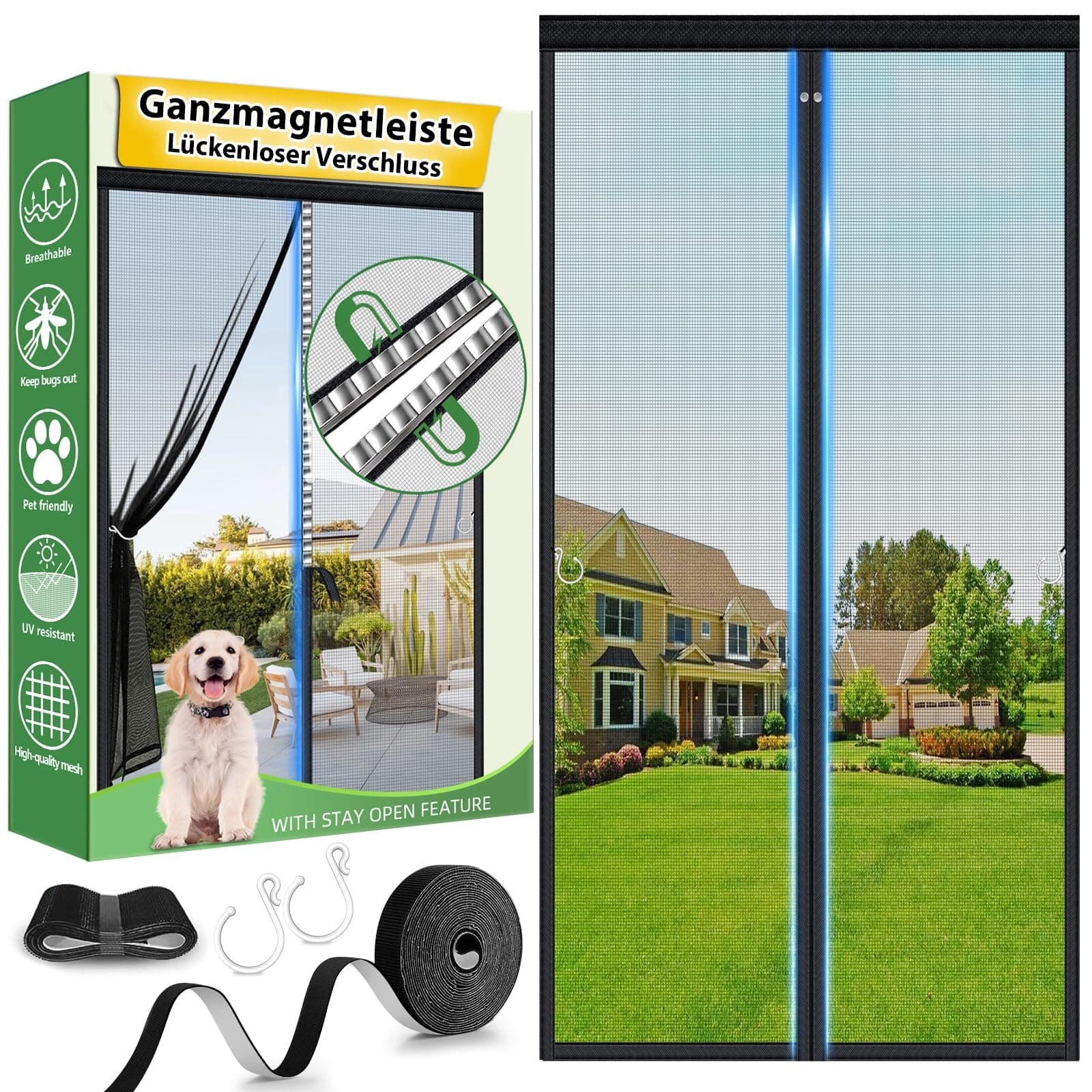 HOFUDON Fliegengitter Balkontür Magnet 90x210 cm, Ganze Durchgehender Magnetverschluss ohne Lücken für Fiberglas Fliegengitter Tür Insektenschutz ohne Bohren, Reißfest, Wetterfest, 4cm Klettband Oben 90x210cm Schwarz Fibreglas Angebot bei HelloDeals