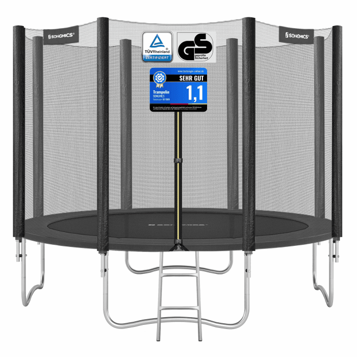 SONGMICS Trampolin Outdoor Ø 183/244/305/366/427 cm, rundes Gartentrampolin Kindertrampolin mit Randabdeckung, mit Sicherheitsnetz, mit Leiter und gepolsterten Stangen 305 cm Schwarz Angebot bei HelloDeals