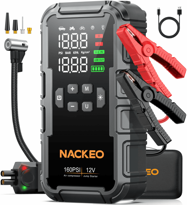 8000A Starthilfe Powerbank für Pkw mit Kompressor (160PSI), 12V Auto Starthilfe Powerbank für Benzin & bis 12L Diesel, tragbarer Jump Starter mit 600LM LED-Licht, Starthilfekabeln & großem LCD-Display Angebot bei HelloDeals