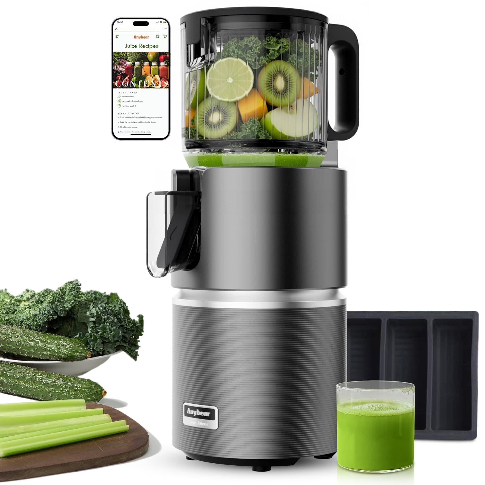 Anybear 350W Entsafter mit 124 mm Einfüllschacht Slow Juicer mit Doppel-Zerkleinerungstechnologie für Ganze Früchte & Gemüse | Hohe Saftausbeute | BPA-freies Tritan-Material (Grau) Angebot bei HelloDeals