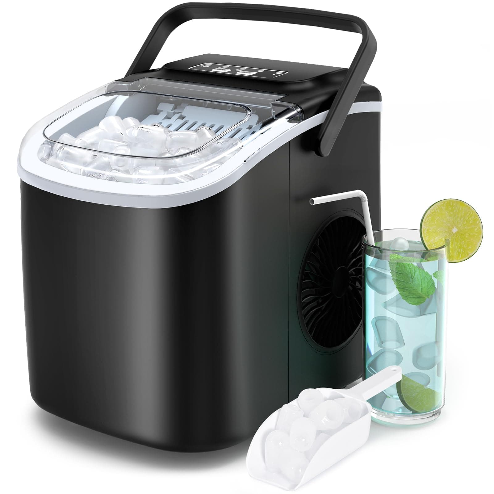 Eiswürfelmaschine Klein, PALINTH Eiswürfelmaschinen, 2 Größen von Bullet Ice Cube Maker, Selbstreinigende Eiswürfelmaschine Crushed Ice mit tragbarem Griff, 9 Eiswürfel in 6 Minuten Eiswürfelbereiter schwarz Angebot bei HelloDeals