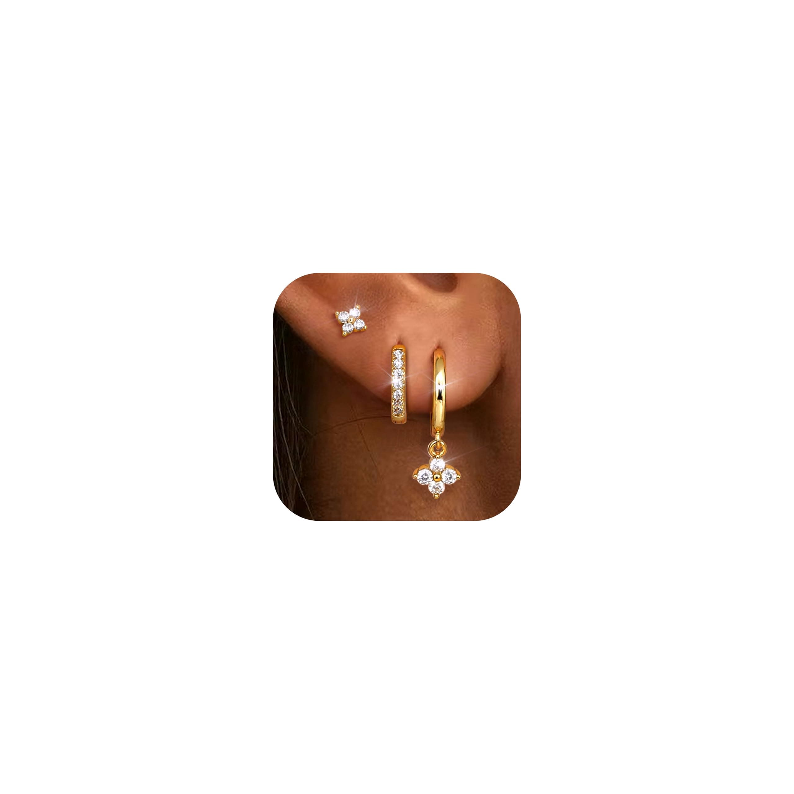 Dochais 3 Paar Ohrringe Gold Set, 14K Vergoldete Ohrstecker Ohrringe Creolen mit Anhänger, Hypoallergene Wasserfest Klein Knorpel Ohrring Creolen Gold Schmuck Geschenk für Damen Frauen Blumen Ohrringe Set Gold Angebot bei HelloDeals