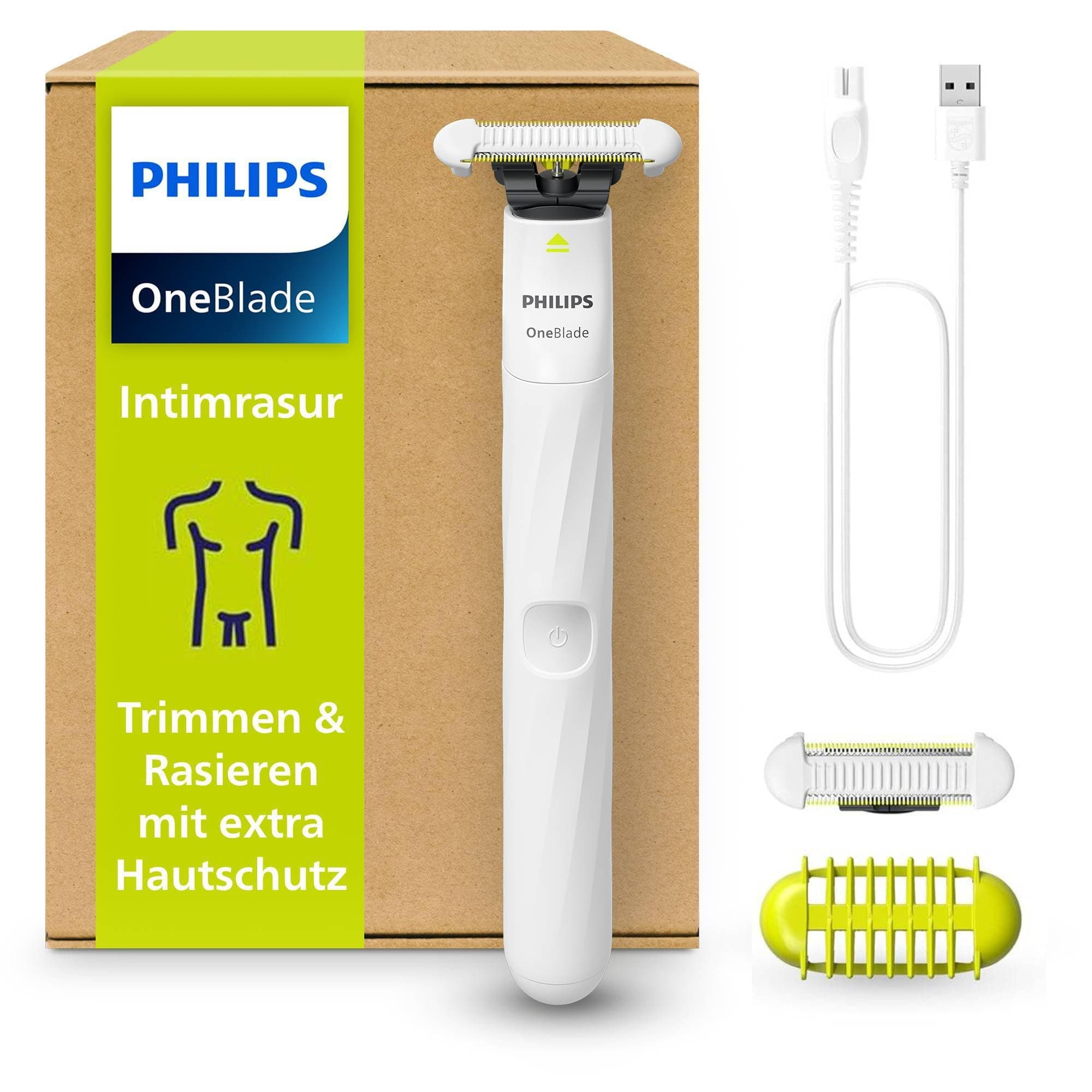 Philips OneBlade Intimate, Intimrasur, Trimmen & Rasieren mit extra Hautschutz, Für eine gründliche und angenehme Rasur – ohne komplett glatt zu rasieren, Modell QP1924/30 OB Intim + 2x Intimklingen Angebot bei HelloDeals