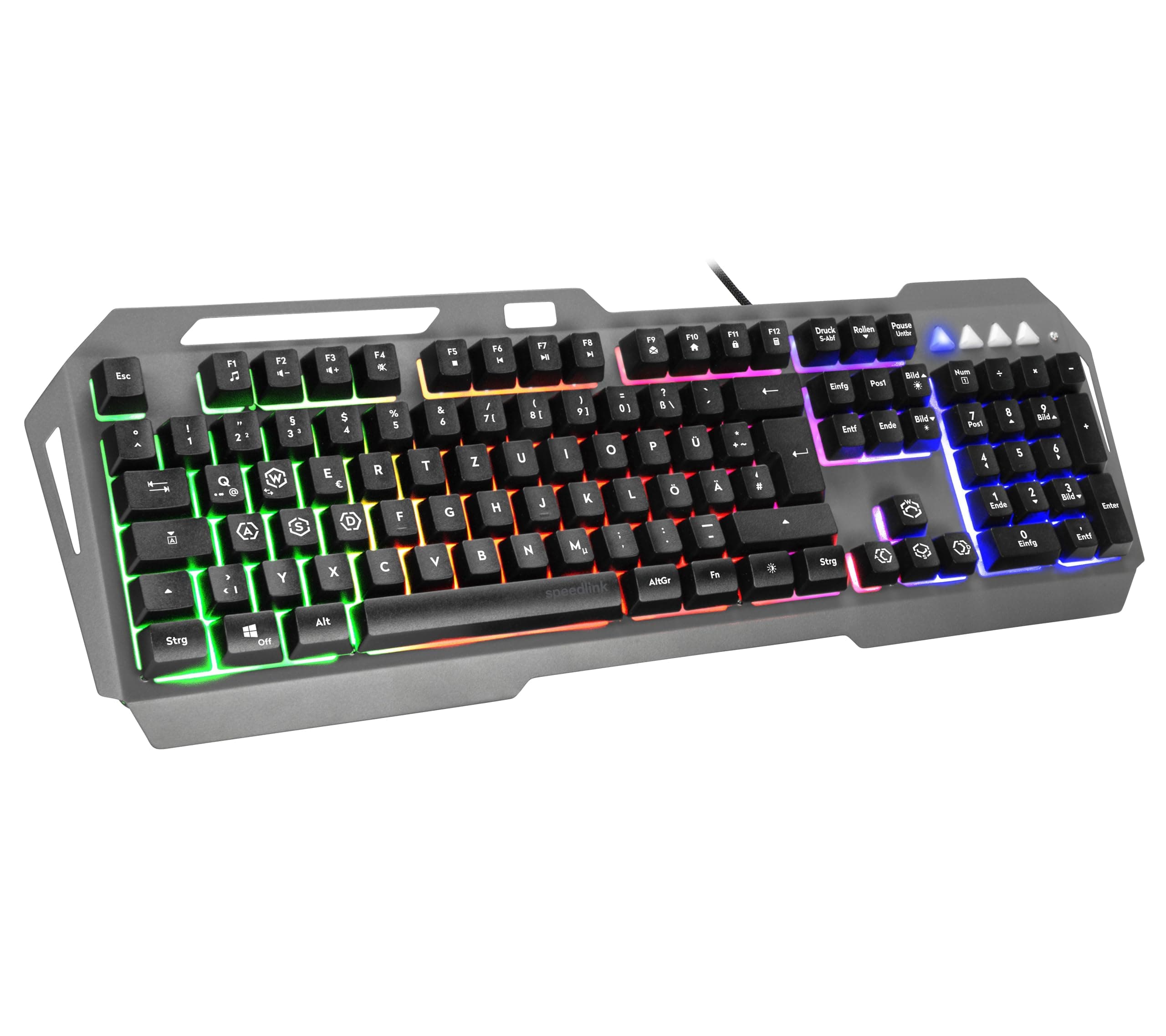 Speedlink LUNERA Rainbow Gaming Keyboard - PC Gaming Tastatur kabelgebunden, RGB Beleuchtung mit 5 Beleuchtungsmodi, Metall Oberfläche, tauschbare WASD-Tasten, DE-Layout, schwarz Angebot bei HelloDeals