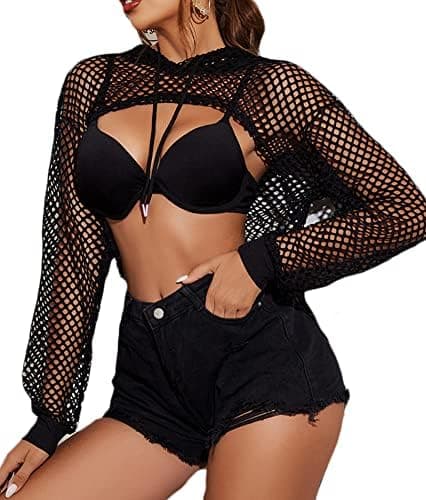 Avidlove Damen Fischnetz Top Langarm Hoodie Mesh Oberteil Festival Outfit Crop Sexy Shirt Neon Netzoberteil mit Kapuze Kordelzug Halloween Vorne Kurz und Hinten Lang M Schwarz Angebot bei HelloDeals