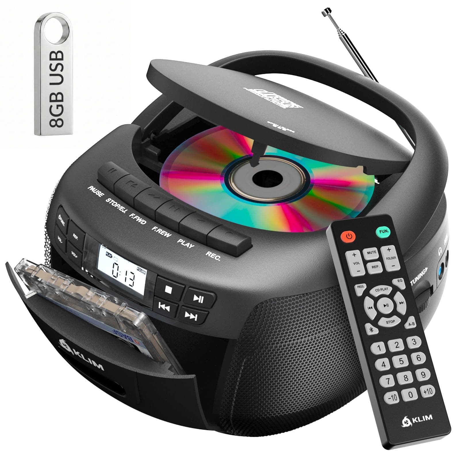 KLIM CD Player mit Kassette mit USB, Kassettenspieler, Kassettenrekorder, Radio mit CD und Kassette, CD Player mit Radio & Bluetooth, AM/FM Radio, Netz- und Batteriebetrieb Schwarz Angebot bei HelloDeals