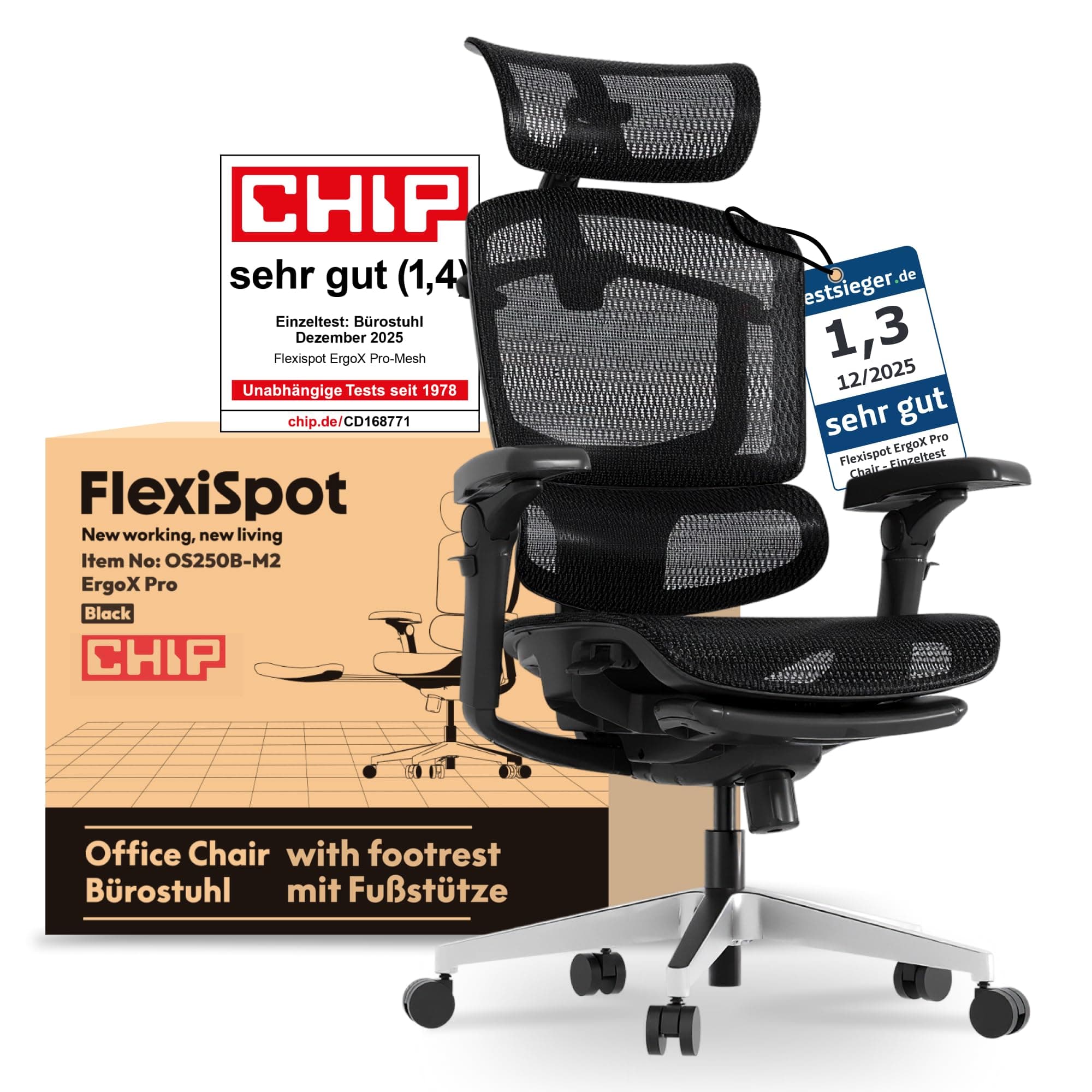 FLEXISPOT ErgoX Pro Ergonomischer Bürostuhl mit ausziehbarer Fußstütze, 12-stufiger Höhenverstellung, 7D-Armlehnen, 5D-Lendenstütze, 4D-Kopfstütze, 250 kg Belastbarkeit Netzsitz (Schwarz) Schwarz(mit Fußstütze) Pro-Mesh Angebot bei HelloDeals