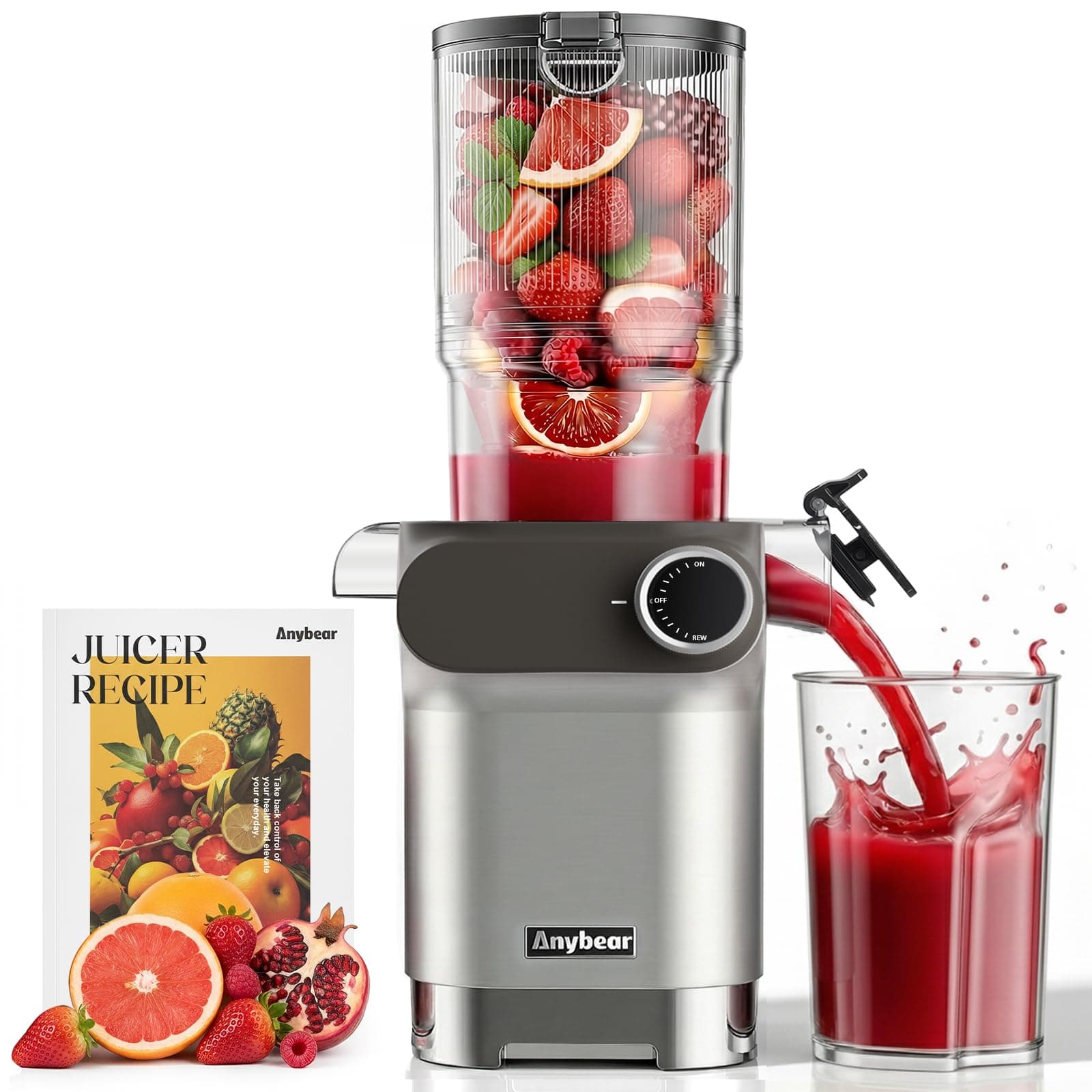 Anybear Entsafter, 200W Slow Juicer Kaltentsafter mit 110 mm großem Einfüllschacht für ganze Früchte/Gemüse | Upgraded Schnecke | Tritan-Material | BPA-frei | Inkl. Saftrezepte (Silber & Orange) Angebot bei HelloDeals