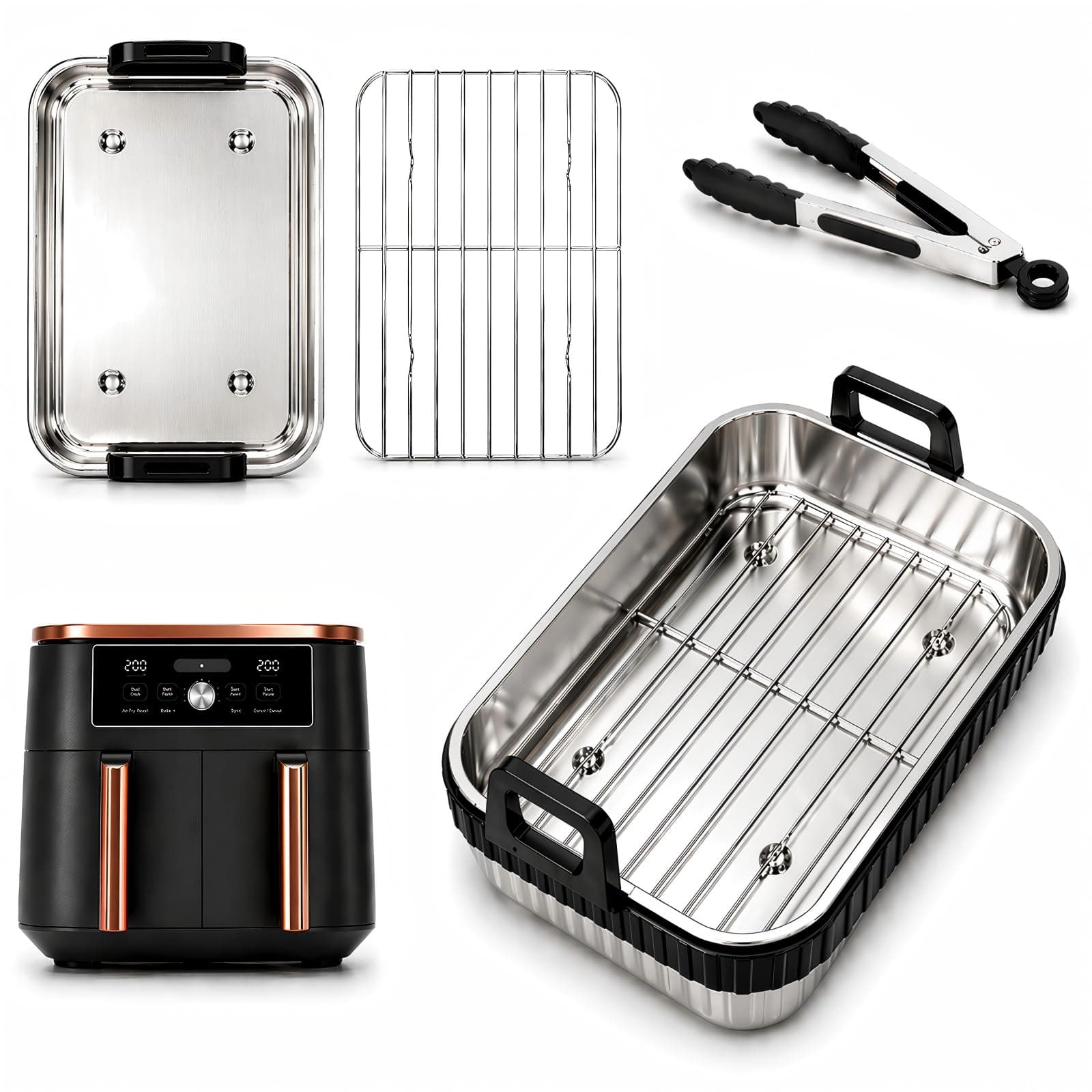 3-tlg. Edelstahl Auflaufform Airfryer Zubehör für Ninja Dual Zone & FlexDrawer AF400EU AF451EU AF500EU DZ400EU – aus Edelstahl 304, mit abnehmbarem Silikonrand, Grillrost & Zange 3-tlg. Edelstahl 304 in Silber Angebot bei HelloDeals
