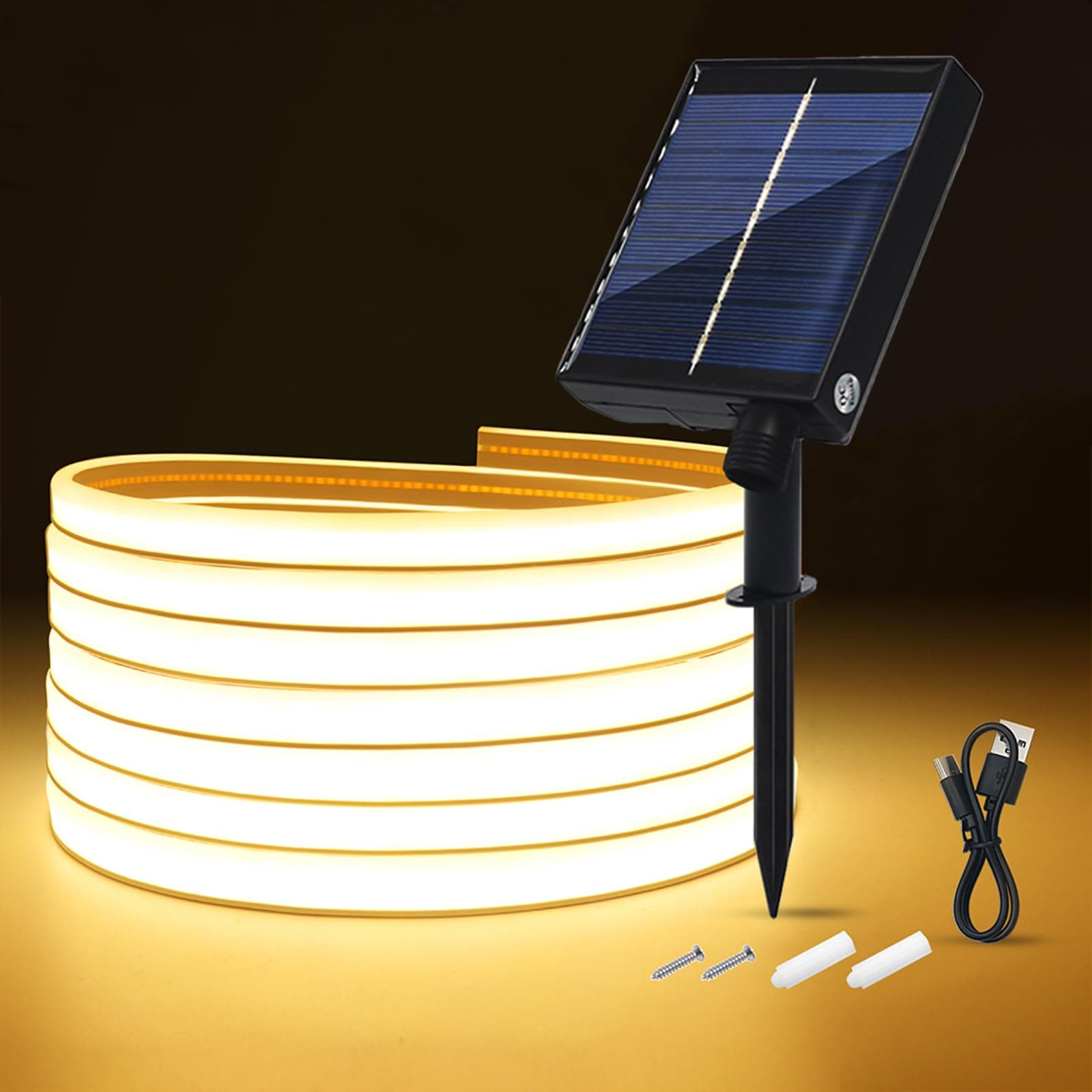 24V Solar LED Streifen, 8 Modi Lichtband Außen Neon Lichterkette, Neon Stripe Cuttable 5cm, 320LEDs/m Superheller COB LED Band für Terrasse, Innenhof(Warmweiß,2m) Warmweiß 2m Angebot bei HelloDeals
