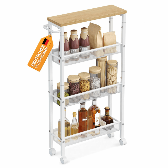 VASAGLE Rollwagen 4 Ebenen, Küchenwagen schmal, Nischenregal auf Rollen, Stahl, Griff, für kleine Räume, 13 x 45,4 x 77 cm, Küche, Bad, Wohnzimmer, Arbeitszimmer, eichenfarben-weiß LRC032W09 Eichenfarben + Weiß 4 Ebenen (13 x 45,4 x 77 cm) Angebot bei HelloDeals