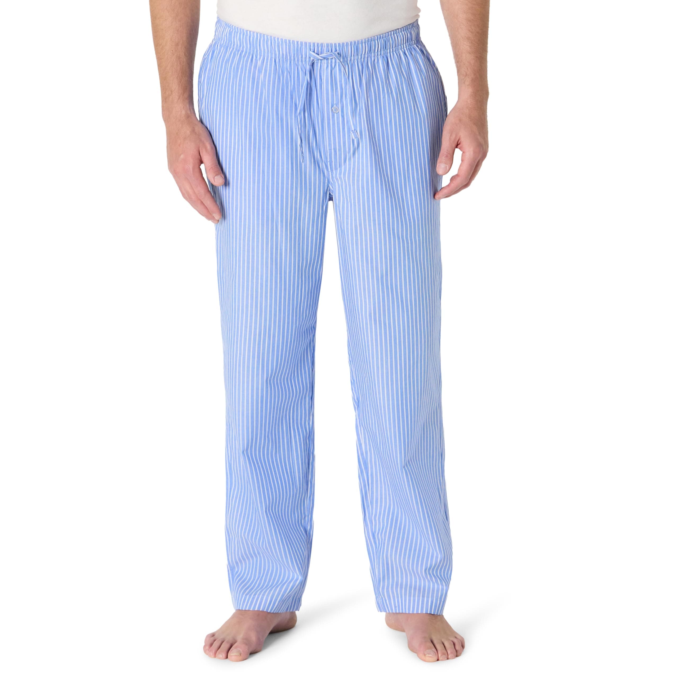 Amazon Essentials Herren Gewebte Straight-Fit Pyjamahose Mit Taschen XL Hellblau Streifen Angebot bei HelloDeals