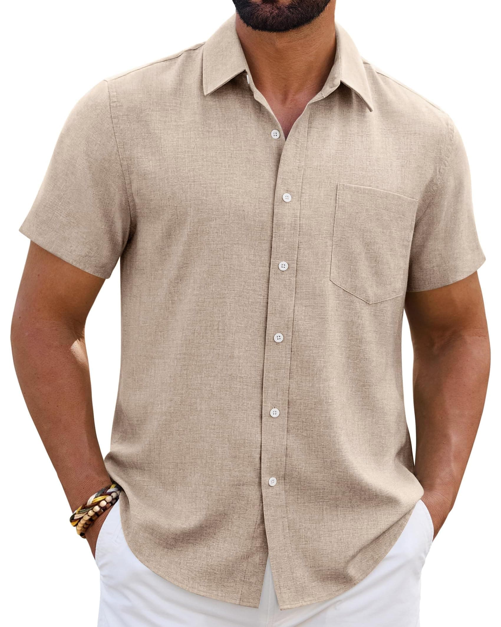 siliteelon Leinenhemd Herren Kurzarm Regular Fit Sommerhemd Freizeithemden Leicht Luftig Outdoor Strand Leinen Shirt Champagnerfarbe L Angebot bei HelloDeals