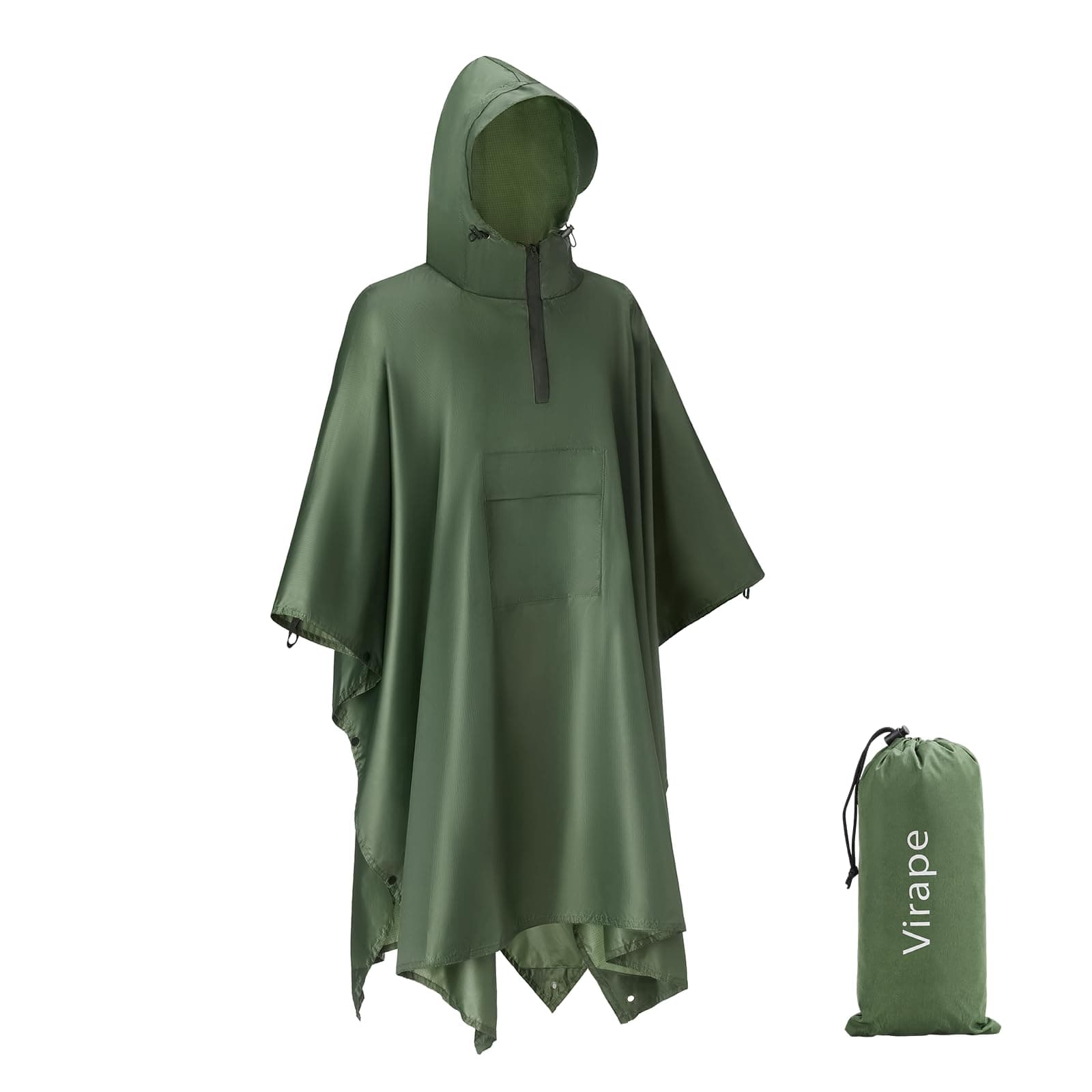 Wasserdicht Regenponcho Herren Damen mit Halbem Reißverschluss, Leichter Regenmantel mit Hut Atmungsaktive 3-in-1 Regencape für Camping Hikking Faltbare Regenjacken Grün Angebot bei HelloDeals