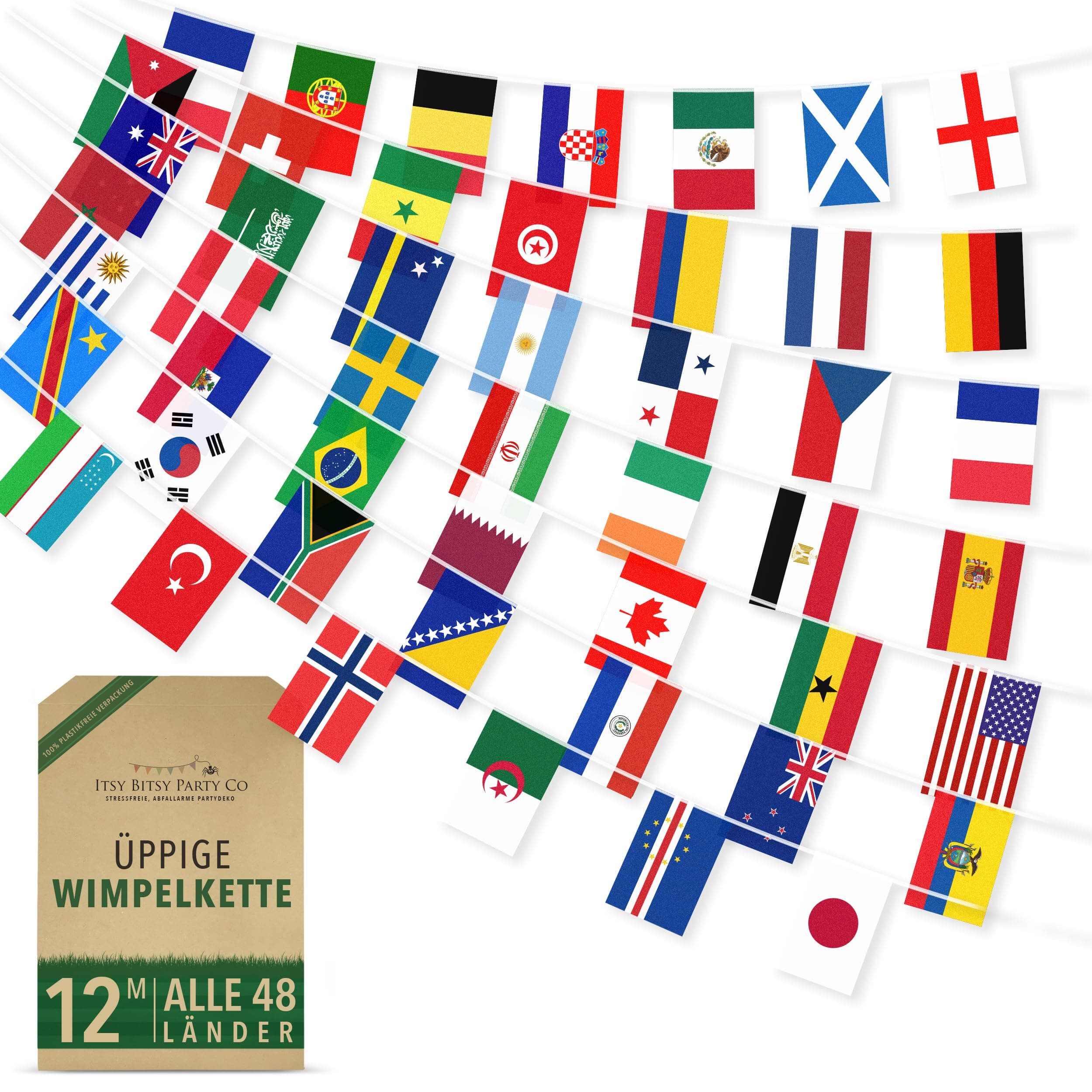 Premium Wiederverwendbare Fussball WM 2026 Fanartikel - Alle 48 Länderflaggen WM Deko 2026, Weltmeisterschaft Wimpelkette - Aus dem TV bekannt, 100% Premium-Polyester (12m, 48 Länder-Flaggen) Länderflaggen (12m, 48 Flaggen) Angebot bei HelloDeals