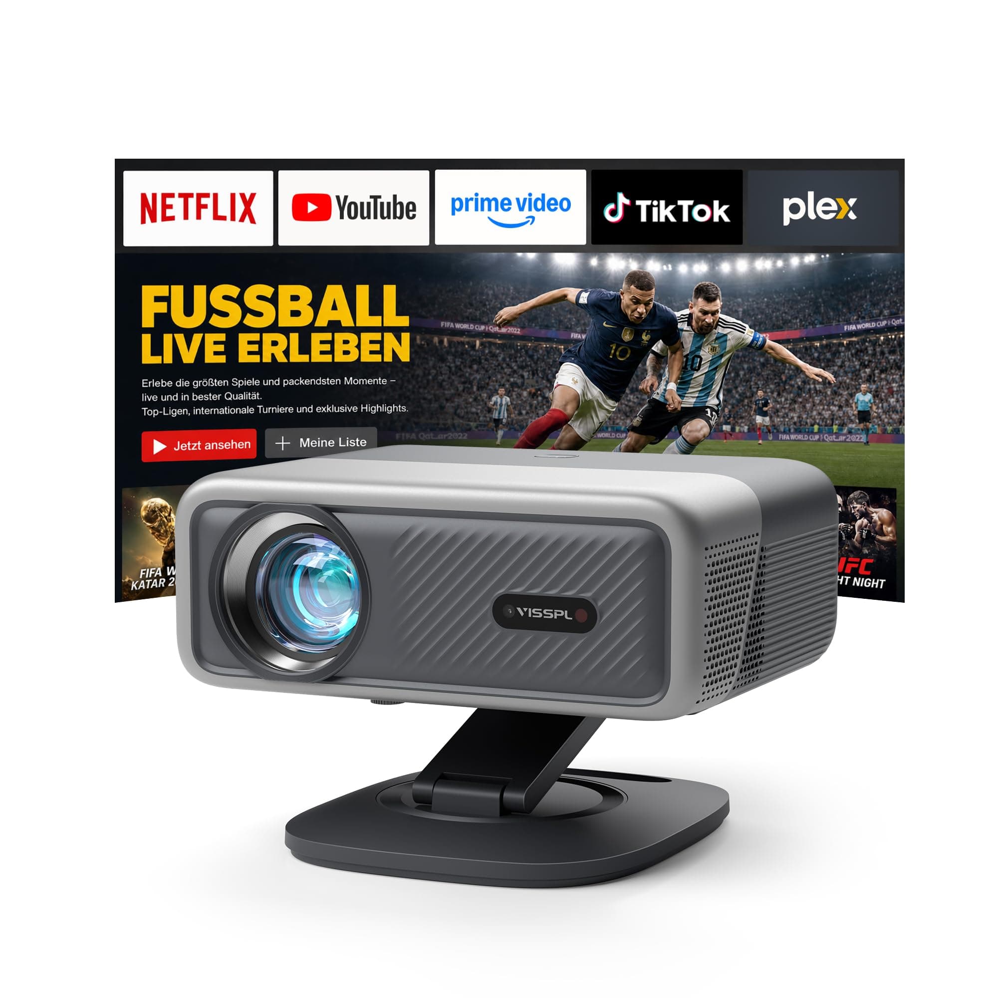 Smart Beamer 4K 【Offiziell APPs & Dolby Audio】3500 ANSI Video Projektor, Autofokus&Trapezkorrektur, VISSPL 1080P Full HD WiFi6 Bluetooth Heimkino/Outdoor Beamer mit 360°-Halter, für Handy/PC(Schwarz) Silbergrau Angebot bei HelloDeals