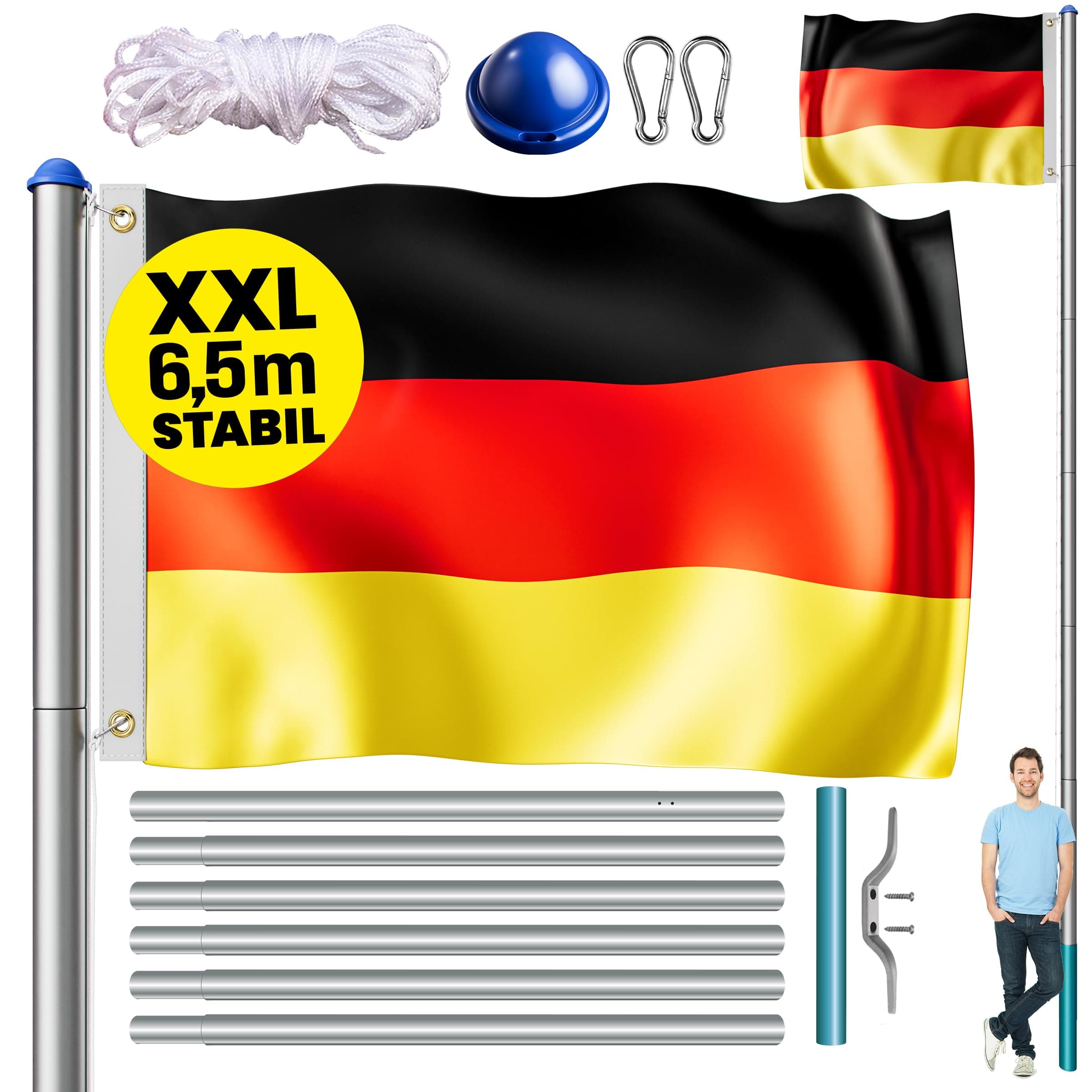 MONZANA® Fahnenmast 6,5m Seilzug Bodenhülse inkl. Deutschland Flagge Deutschlandfahne Fahne höhenverstellbar Flaggenmast Aluminium Teleskop Fahnenstange Angebot bei HelloDeals
