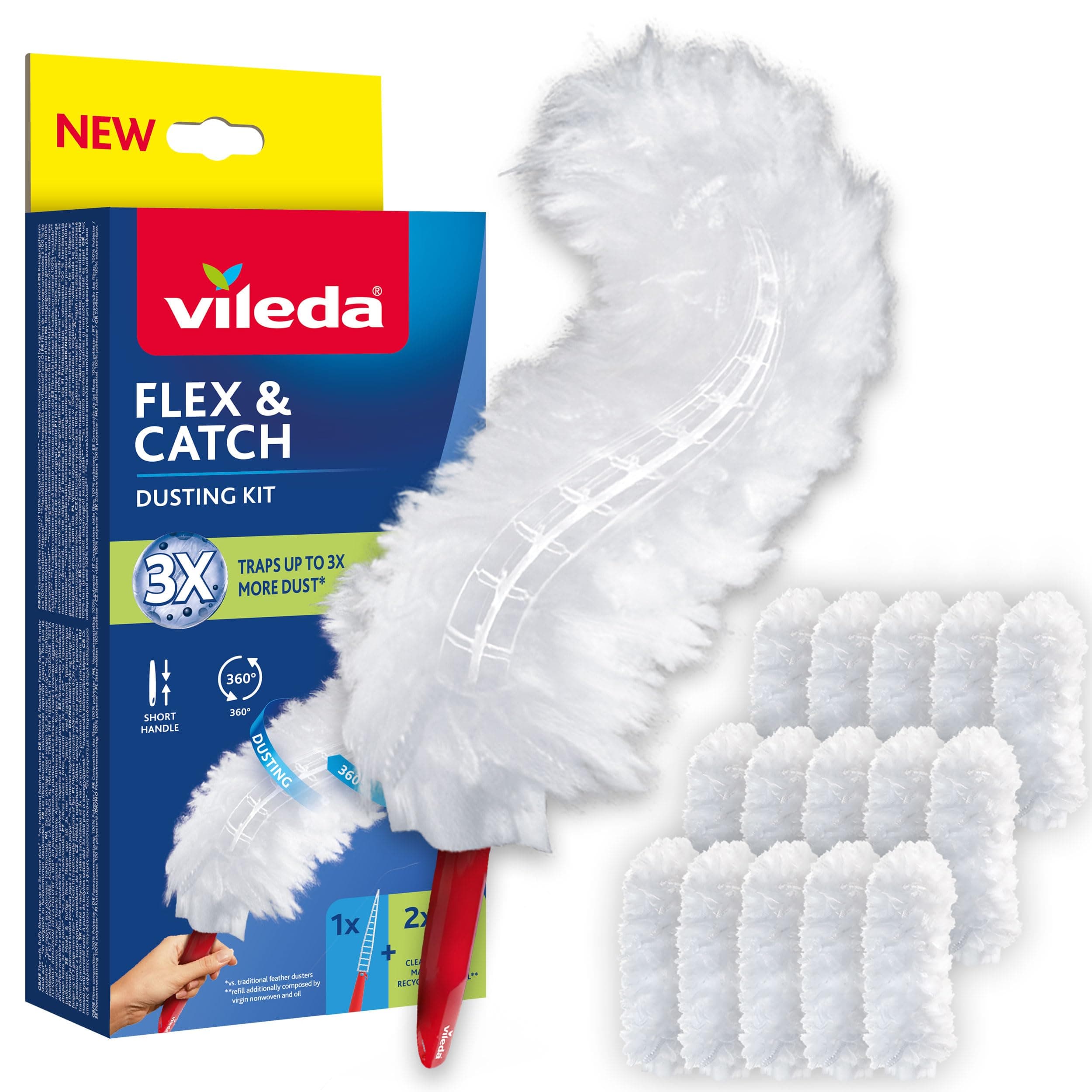 Vileda Flex & Catch Staubwisch-Starter-Set mit 15 Staubtüchern|Fängt 3X mehr Staub als herkömmliche Federstaubwedel |Nachhaltige 360°-Nachfülltücher|Fängt und bindet Staub Angebot bei HelloDeals