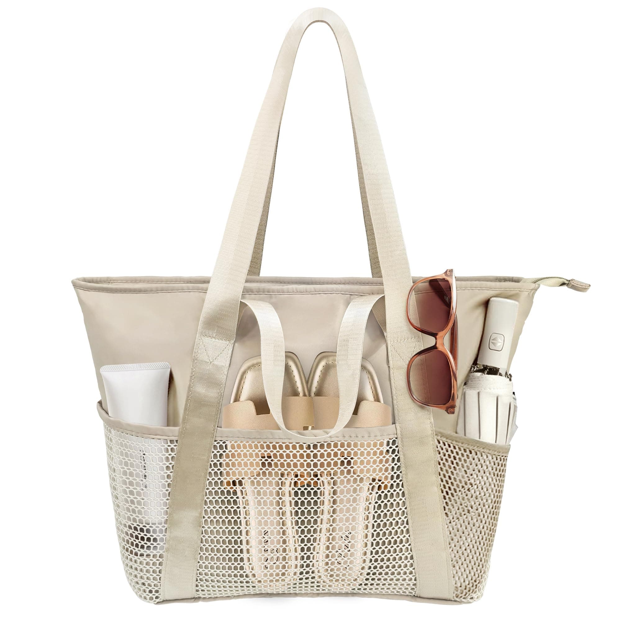 beifon Strandtasche XXL Familie mit Reißverschluss, Strandtasche Damen Große Wasserdicht Faltbar, Mesh Badetasche Beach Tote Bag Strand Tasche Shopper für Strand Reisen Urlaub Beige M Angebot bei HelloDeals