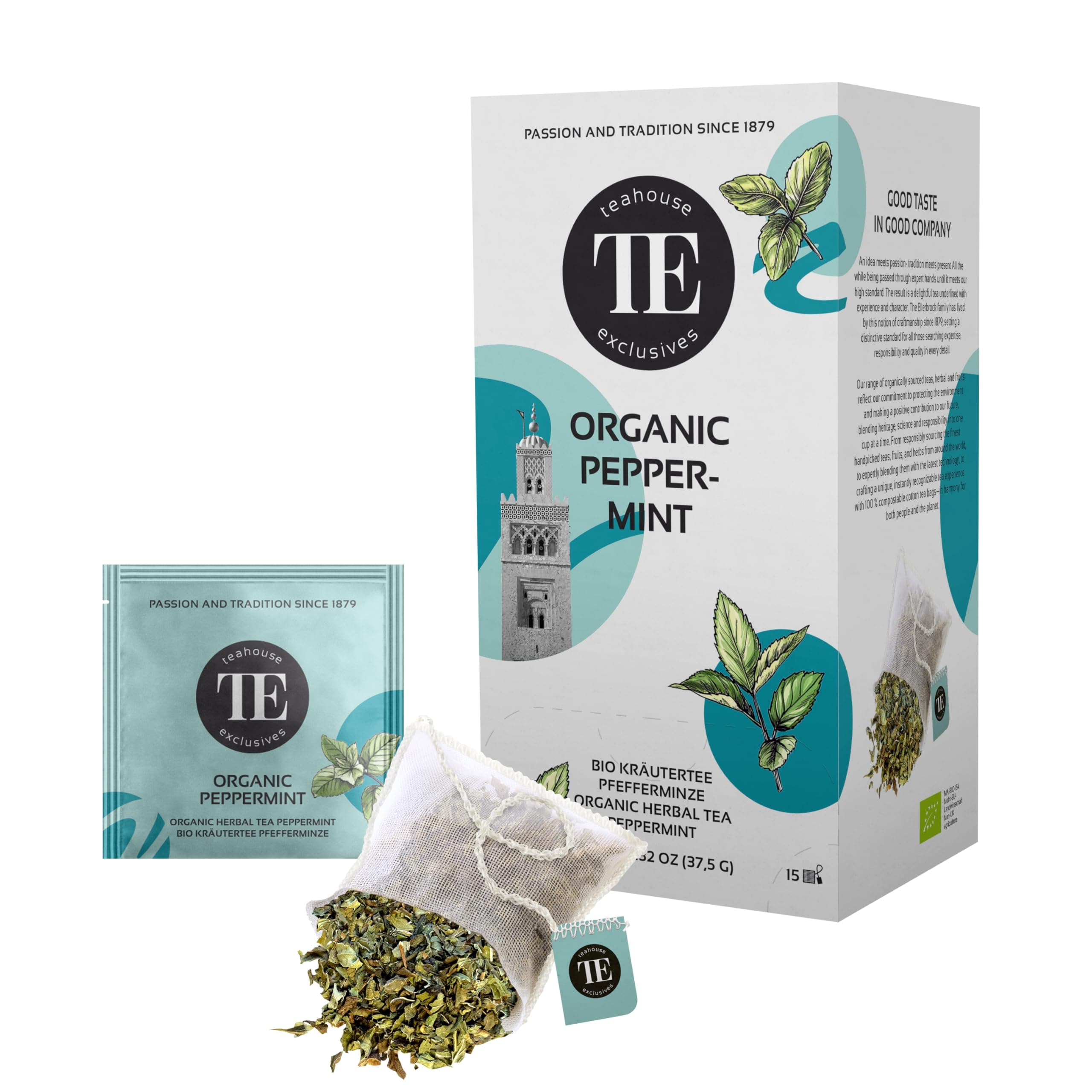 Teahouse Exclusives Bio Tee Peppermint – Kräuter Tee Pfefferminz – 15 kompostierbare Baumwoll-Teebeutel – plastikfreie Verpackung – klassischer Kräutertee – beruhigender Begleiter (15 x 2,5 g) Angebot bei HelloDeals