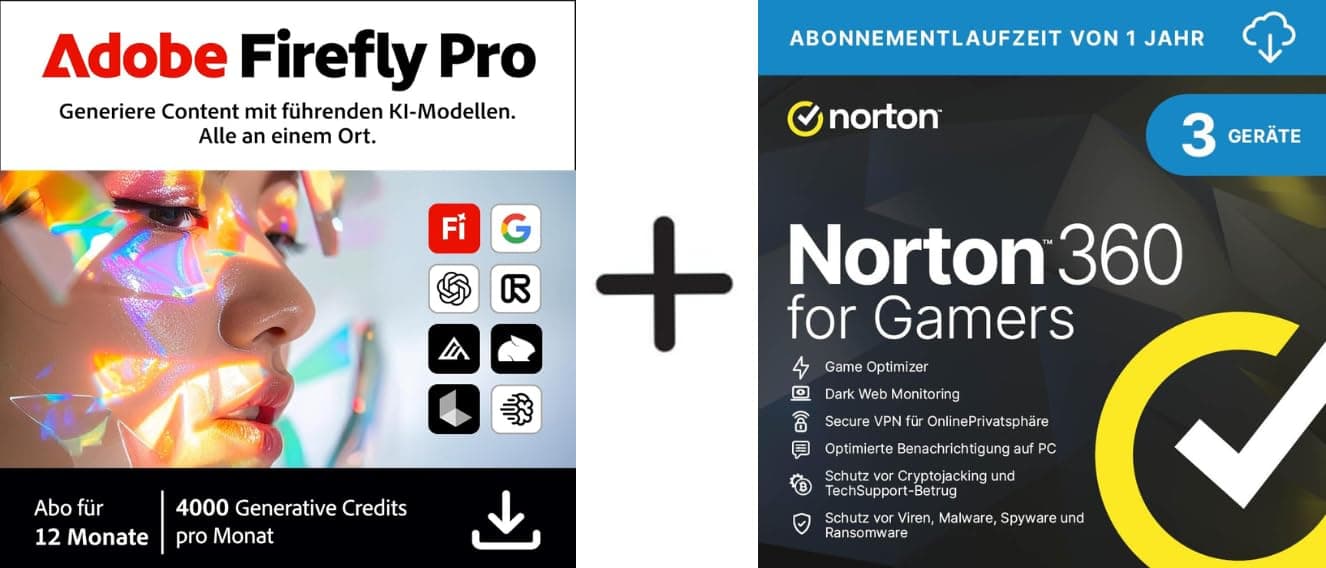Adobe Firefly Pro inkl. Express Premium & Photoshop Web/Mobile, 12 Monate + Norton 360 for Gamers 2026 | 3 Geräte | 1-Jahres Abonnement mit automatischer Verlängerung | Aktivierungscode per Email Angebot bei HelloDeals