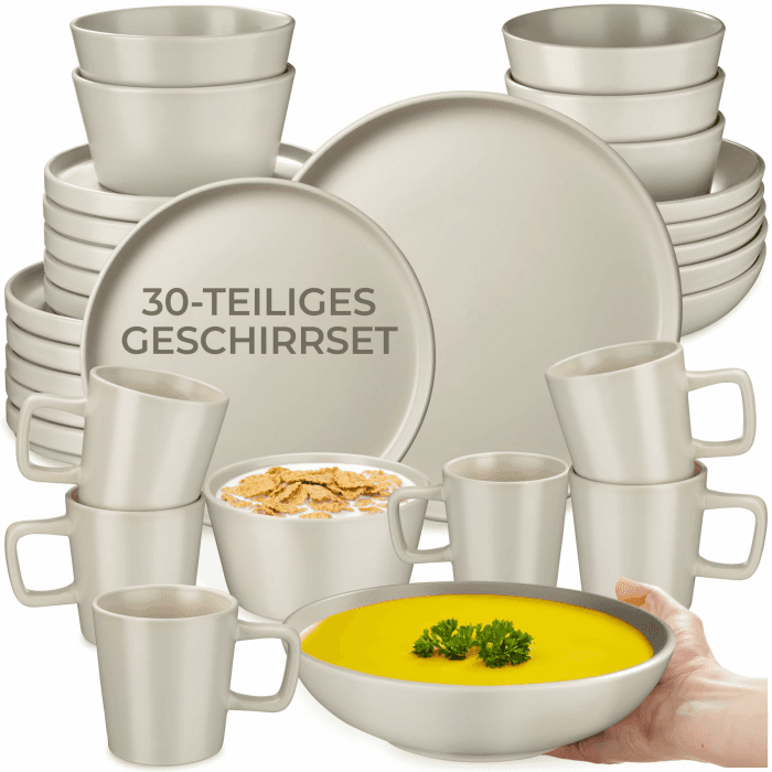 tectake® 30-tlg. Kombiservice, Geschirrset, Tafelservice 6 Personen, Steingut Geschirr Set, Teller Set mit Schalen, Kaffeetassen, Speiseteller, Frühstücksteller, tiefe Teller und Schüsseln - taupe Taupe 30-tlg. Angebot bei HelloDeals