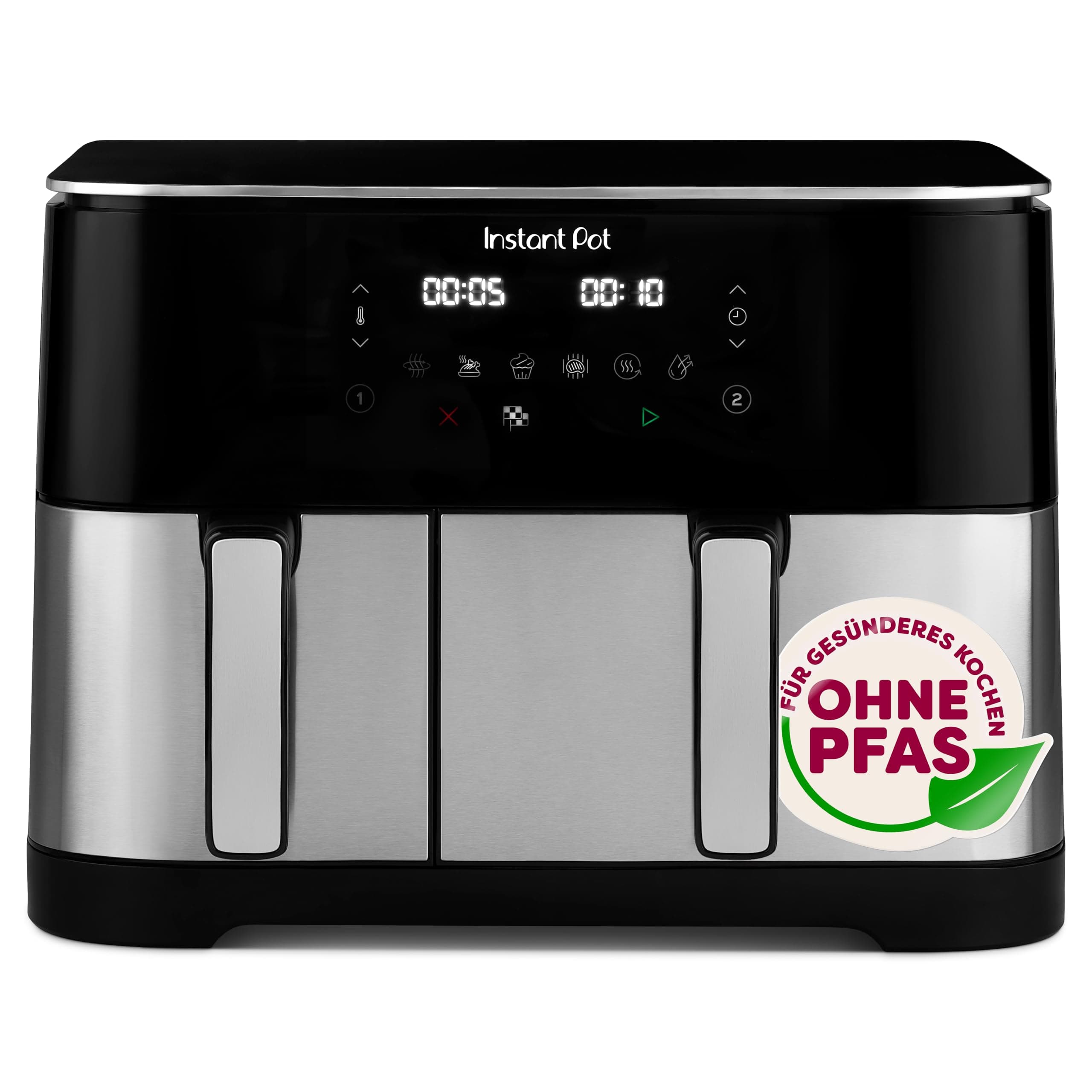 Instant Pot Vortex Dual PFAS-freie Heißluftfritteuse, groß, 11 l, zwei Körbe, 7 l + 4 l, 8 in 1 – Dehydrieren, Grillen, Backen, Braten, Aufwärmen, Antihaftbeschichtung, spülmaschinenfest – Edelstahl Angebot bei HelloDeals