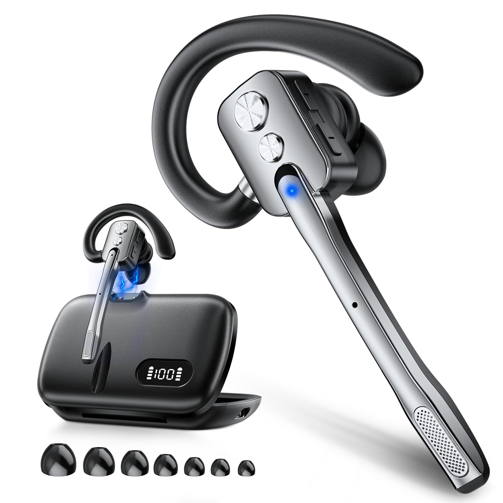 Bluetooth Headset mit Mikrofon, V5.3 Wireless Freisprech Headset Bluetooth mit Dual Mic & Mute Funktion, 24h Spielzeit Ohrhörer für iOS Android, In Ear Kopfhörer für Trucker/Business/Fernarbeit Silver Angebot bei HelloDeals