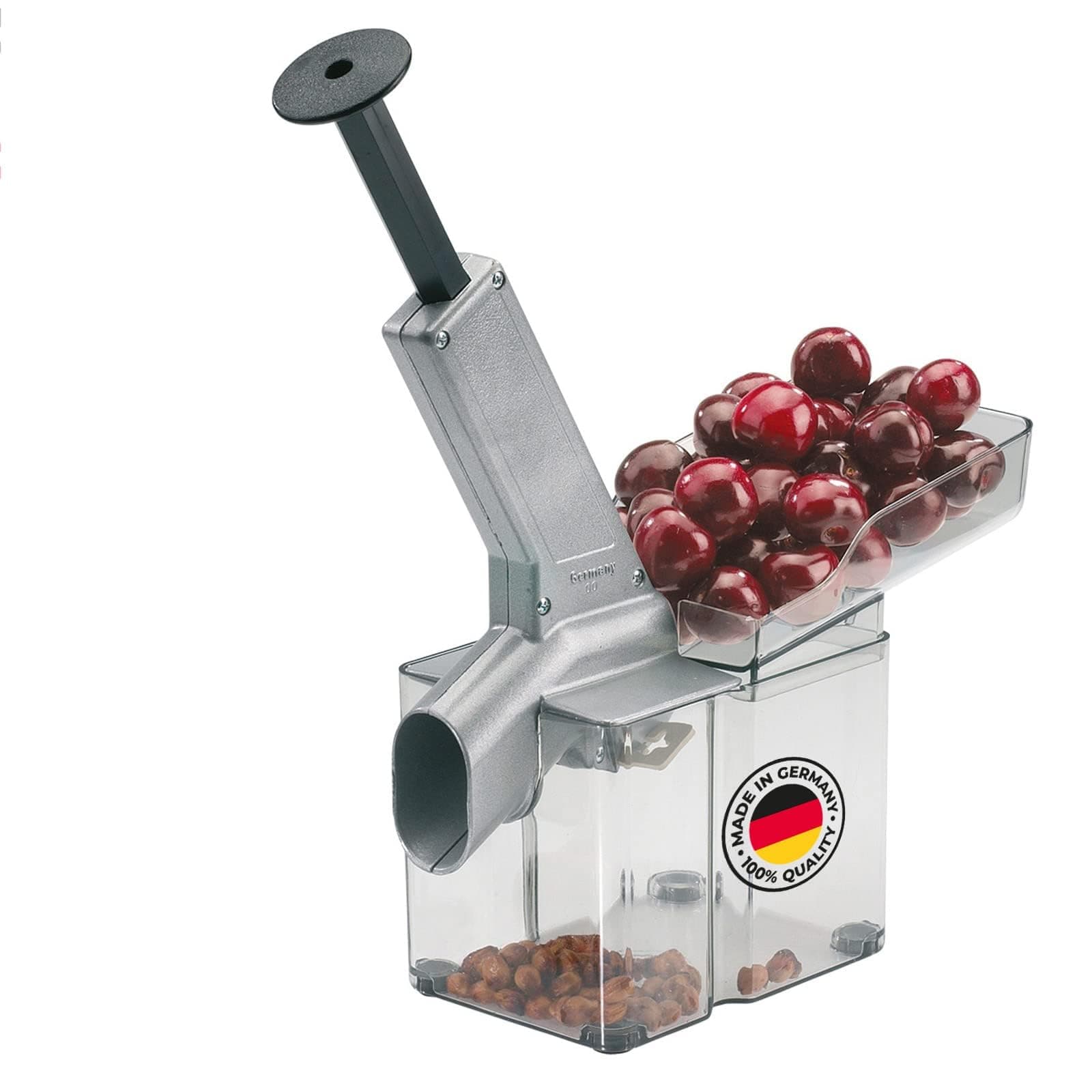 Westmark Kirschenentkerner/-entsteiner mit schräggestellter Schütte und großer Kernkassette, Kunststoff/Edelstahl/Aluminium, Kirschomat, Silber/Schwarz/Transparent, 40702260 Kirschomat Kirschomat Angebot bei HelloDeals