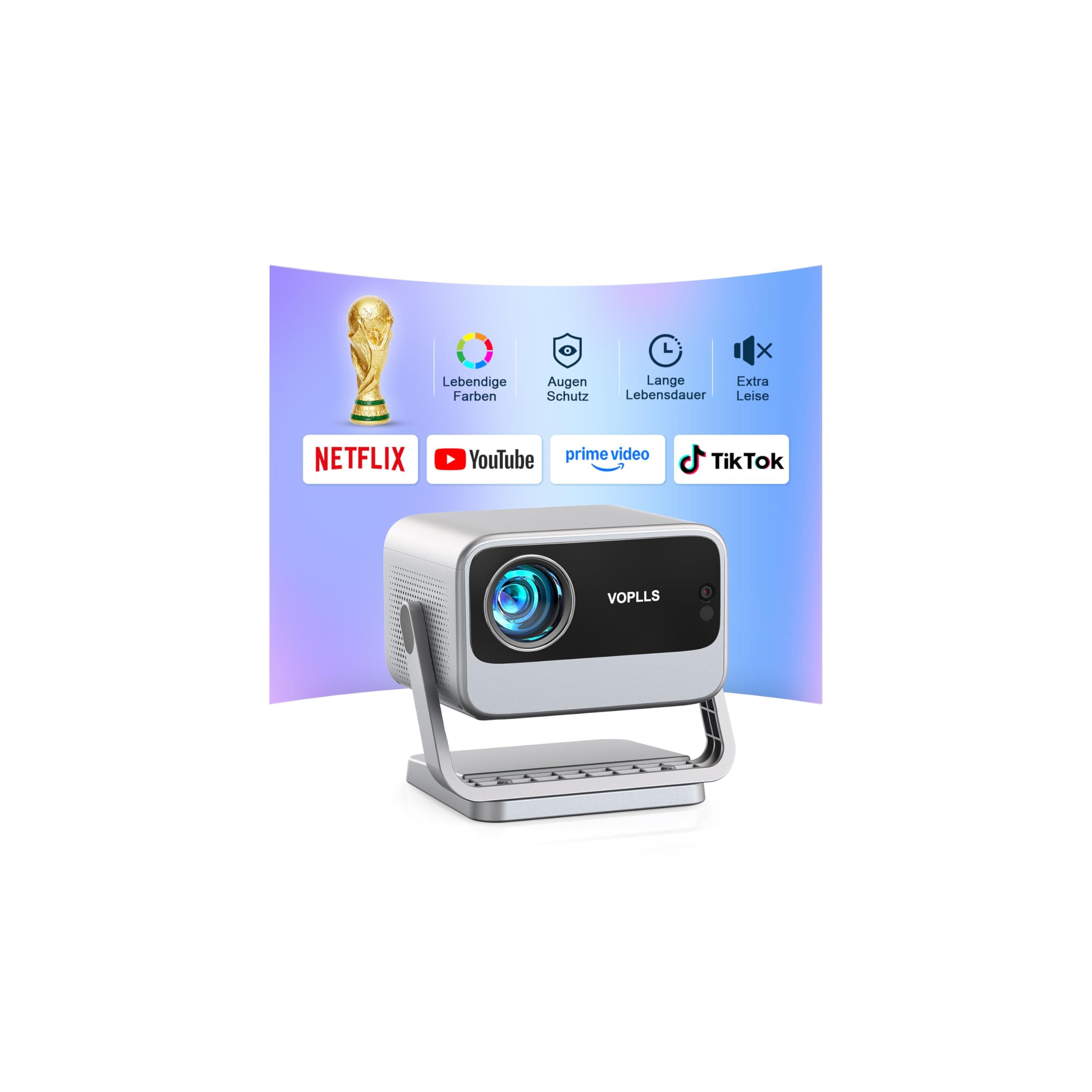 Smart Beamer 4K【Netflix vorinstalliert & Dolby Audio】 VOPLLS 35000L Autofokus & Trapezkorrektur Beamer Heimkino, Full HD 1080P WiFi6 Bluetooth Videoprojektor für Handy/PC, Outdoor & Fußballabend silbergrau upgraded Version Angebot bei HelloDeals