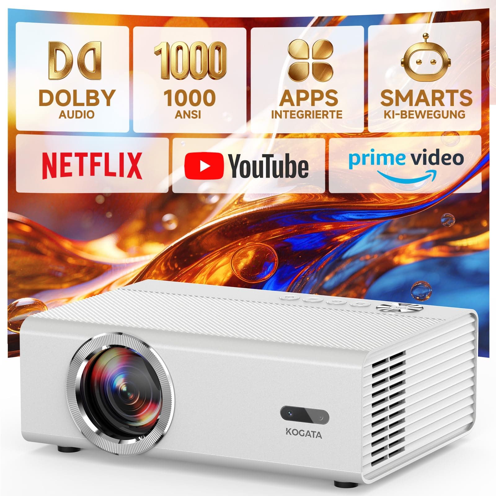 4K Smart Beamer mit WLAN & Bluetooth, KOGATA Projektor mit Autofokus, 6D Keystone, HDR10+ | Kompatibel mit Netflix-App & Dolby Audio | Heimkino Beamer für Garten & Streaming ohne TV-Stick Weiß Angebot bei HelloDeals
