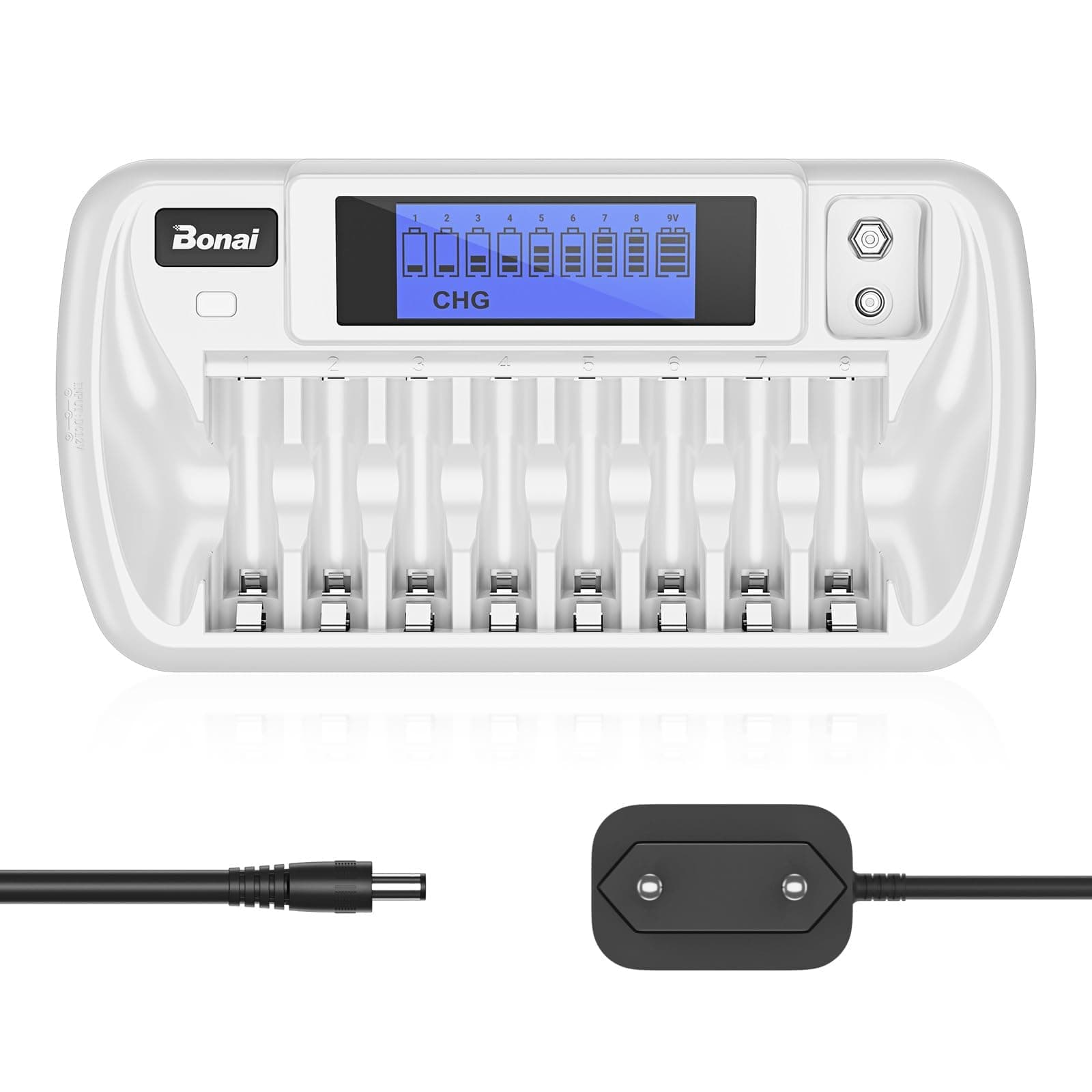BONAI Intelligentes Ladegerät für AA AAA NI-MH Akkus und 9V Block, 9 unabhängige Ladeschächte, Batterieladegerät mit LCD-Display, Ladestation für wiederaufladbare Batterien Akku Ladegerät Angebot bei HelloDeals