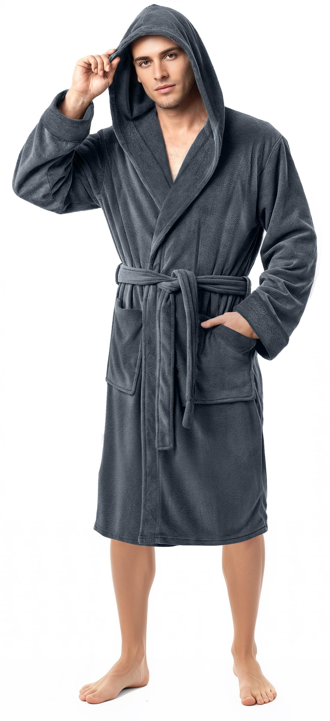 NY Threads Herren Ny Threads Hooded Bathrobe Bademantel mit Kapuze aus Fleece (1er Pack) XXL Grau Angebot bei HelloDeals
