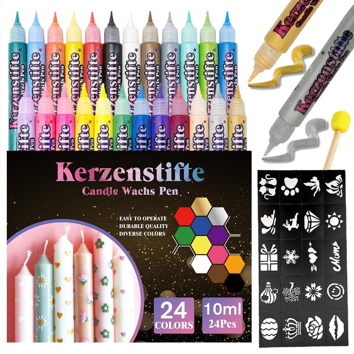 CAwished 10 ml Kerzenstifte Wachsstifte mit vorgestanzten Aufklebern und Schwammwerkzeugen, Kerzen Bemalen Set ideal zum Dekorieren und Gestalten von Wachsstifte für Kerzen (24 Farben) 10ml 24 Farben Angebot bei HelloDeals