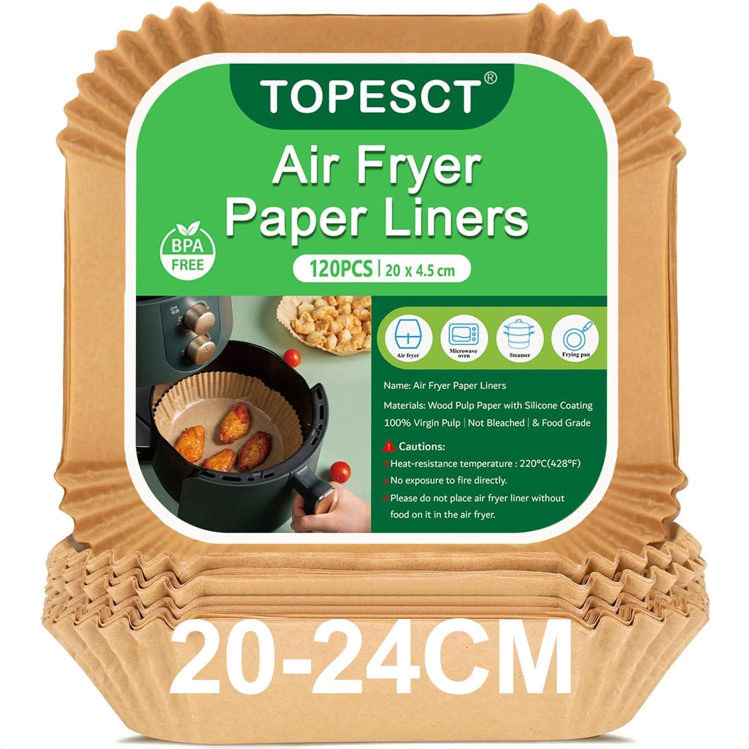 TopEsct Airfryer Backpapier, 20x20 cm Heißluftfritteuse Zubehör für 4,5-8L Körben - BPA-freier - Kompatibel mit COSORI Philips Cecotec XL XXL Airfryer, 120er-Pack Angebot bei HelloDeals