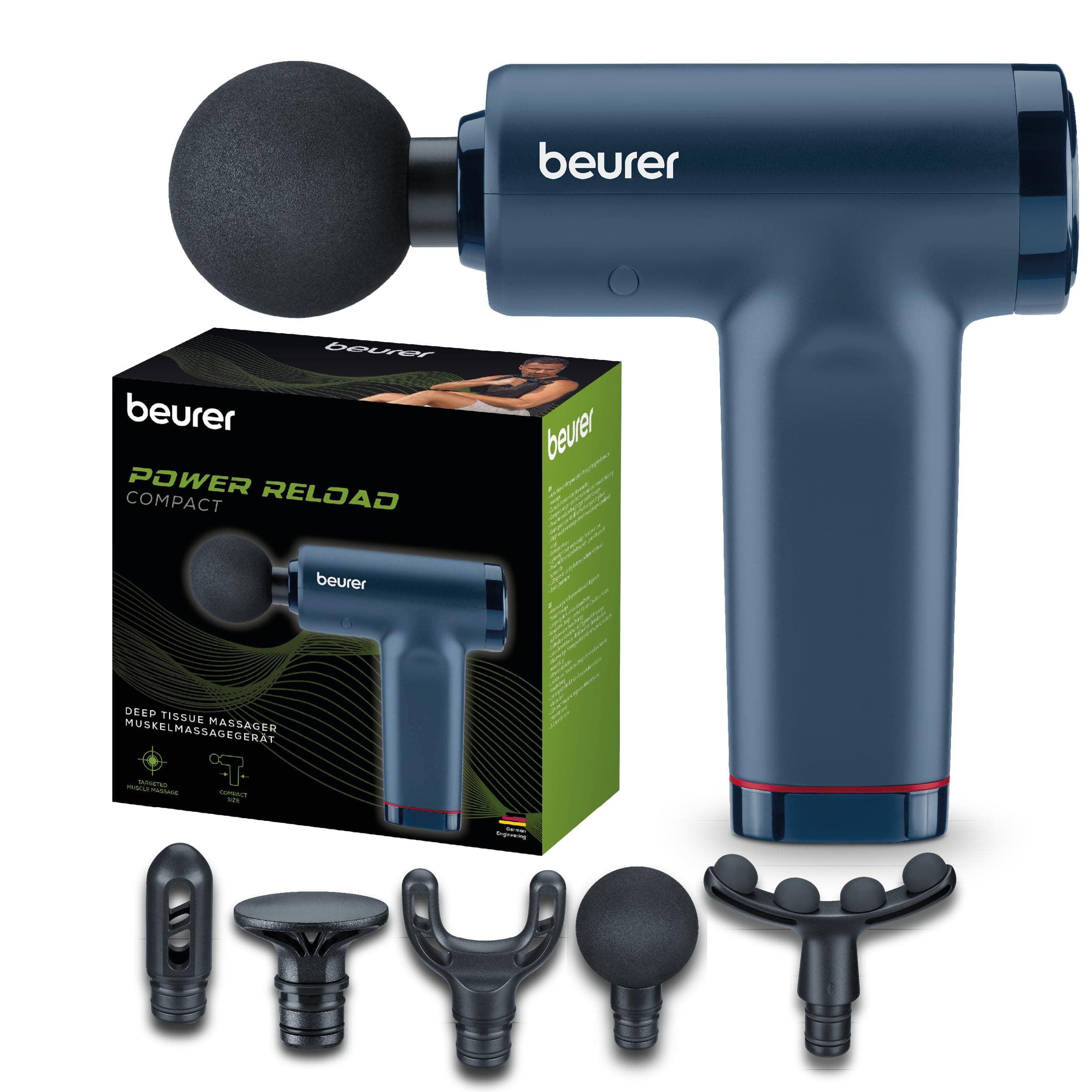 Beurer PowerReload Massagepistole, professionelle Triggerpunktmassage für Entspannung & Regeneration, kraftvolles Muskelmassagerät mit 5 Aufsätzen, 5 Intensitätsstufen, extrem leise & Akku bis zu 4h Blau Angebot bei HelloDeals