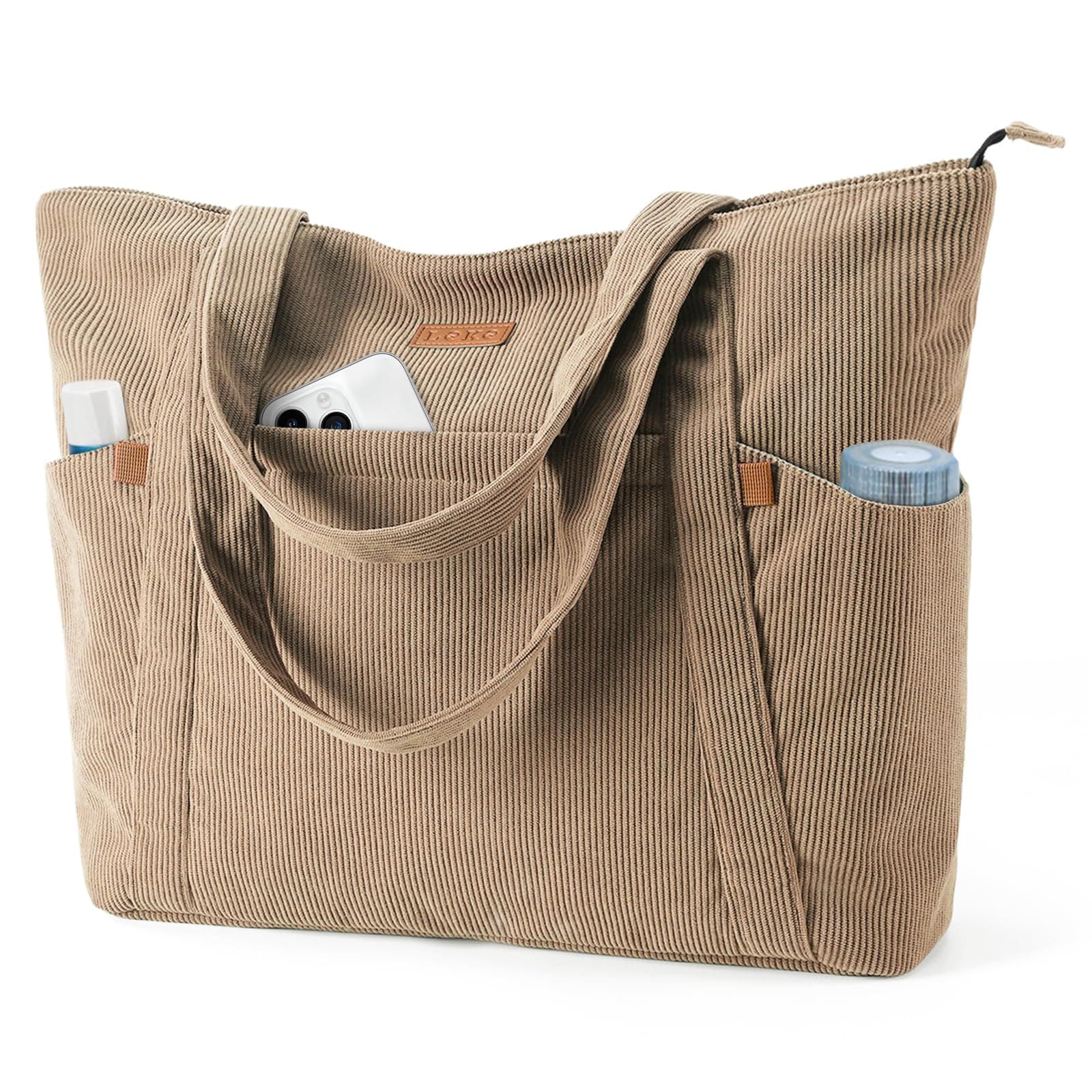 Cord Tasche Damen, Groß Tote Bag Strandtasche mit Reißverschluss, Shopper Tasche Damen Laptoptasche mit 17 Zoll Laptopfach, Elegant Handtasche Umhängetasche für Arbeit Schule Gym-Khaki M Khaki Angebot bei HelloDeals