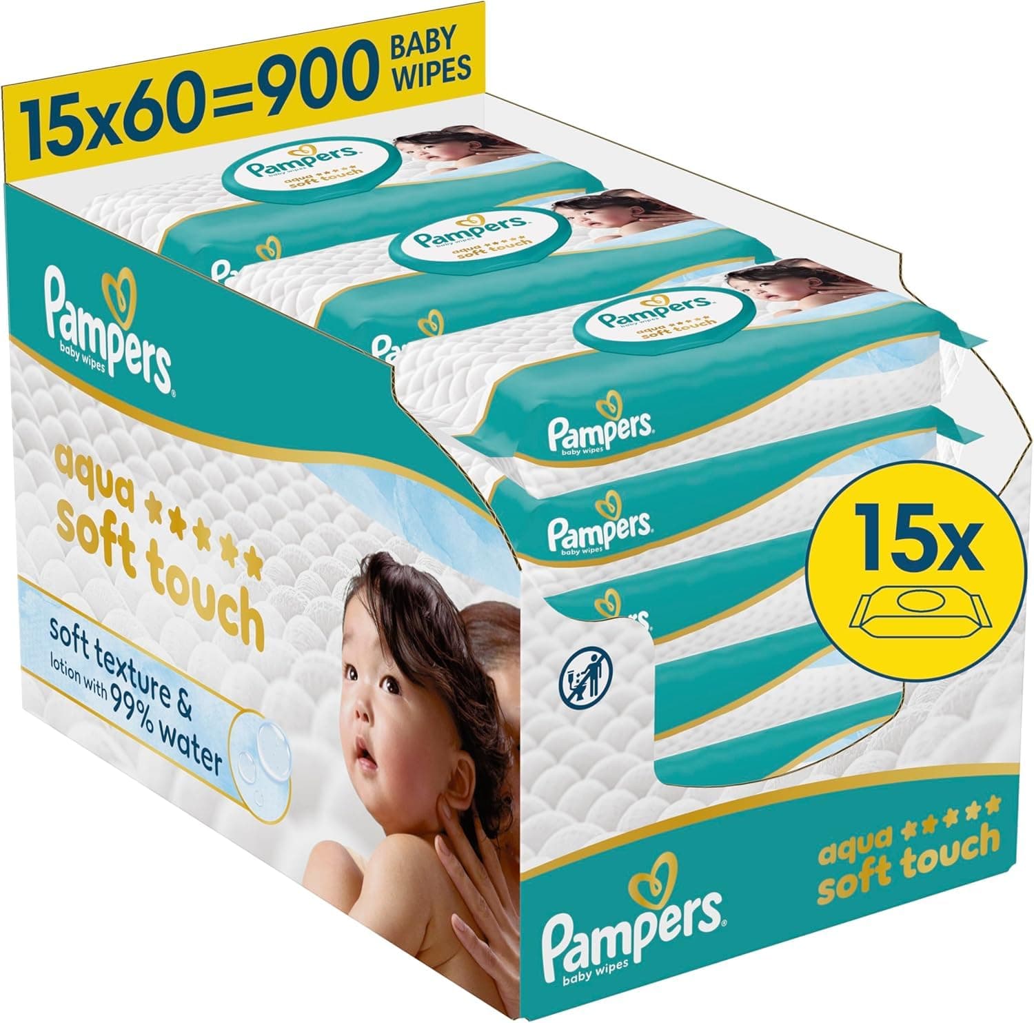 Pampers Aqua Soft Touch Baby-Feuchttücher, 15 Packungen mit 60 Feuchttüchern = 900 Baby-Feuchttücher, weiche Textur & Lotion mit 99% Wasser Angebot bei HelloDeals