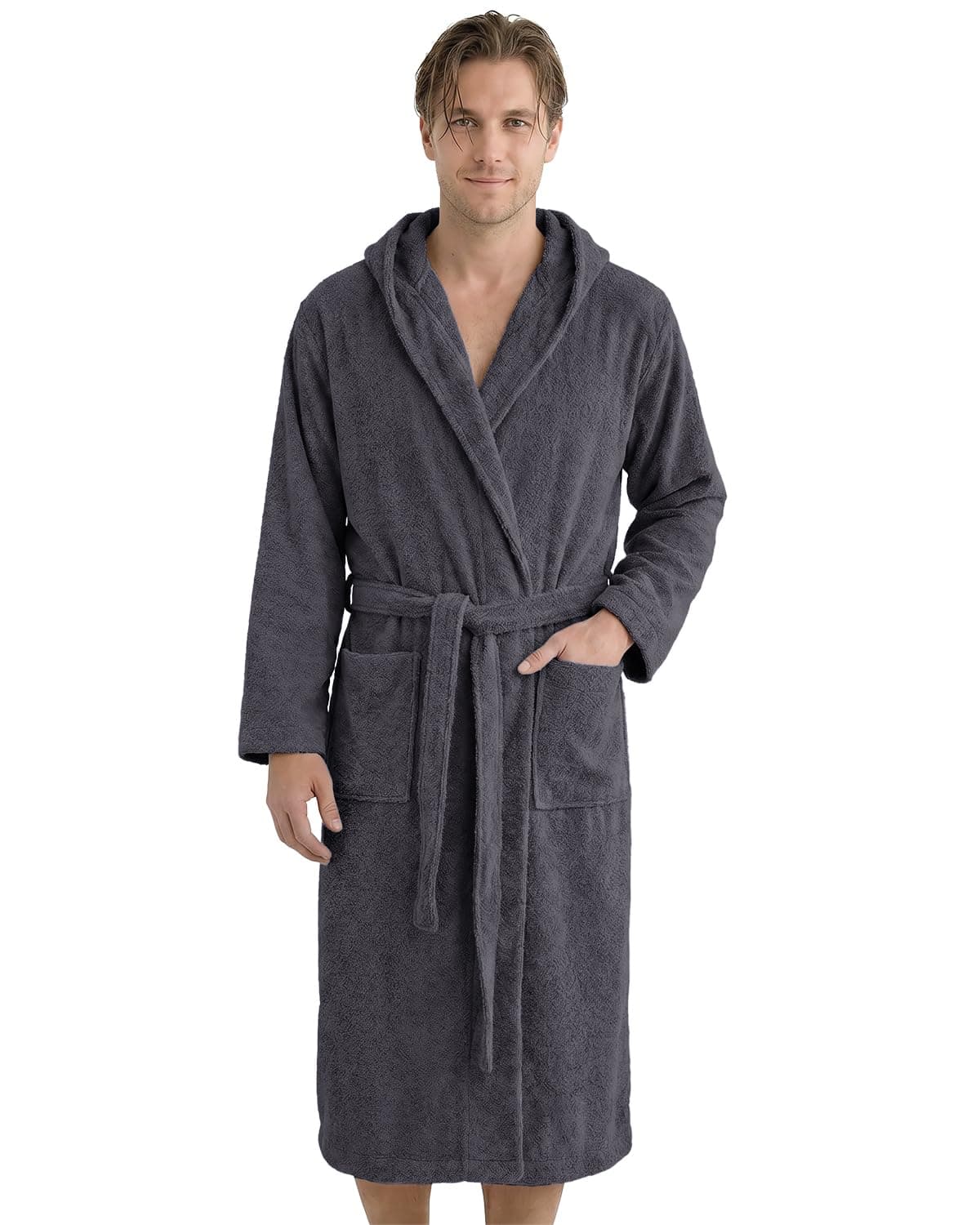 LAYNENBURG Bademantel Herren Frottee aus 100% Baumwolle - OEKO TEX Standard - weicher Morgenmantel waden-lang mit Kapuze, Bindegürtel und aufgesetzten Taschen - Ideal für Sauna & Zuhause (M-XXXL) anthrazit XL Angebot bei HelloDeals