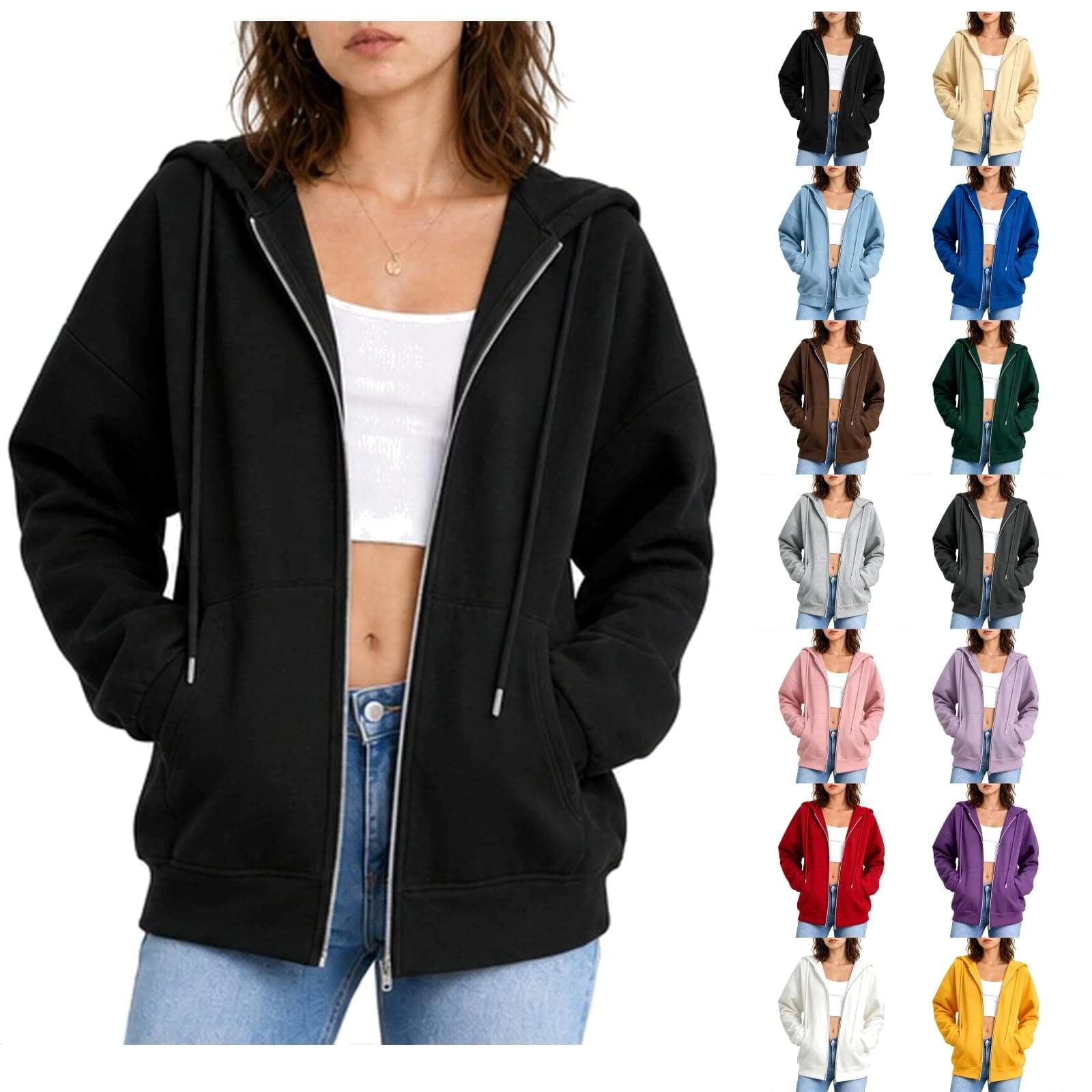 Damen Sweatjacke mit Kapuze und Zipper, Kapuzenjacke Hoodie Oversize Sweatshirt für Frauen Langarm Kordelzug Taschen Locker Bequem Weich Basic Casual Freizeit Sport Streetwear Herbst Übergang Schwarz M Angebot bei HelloDeals