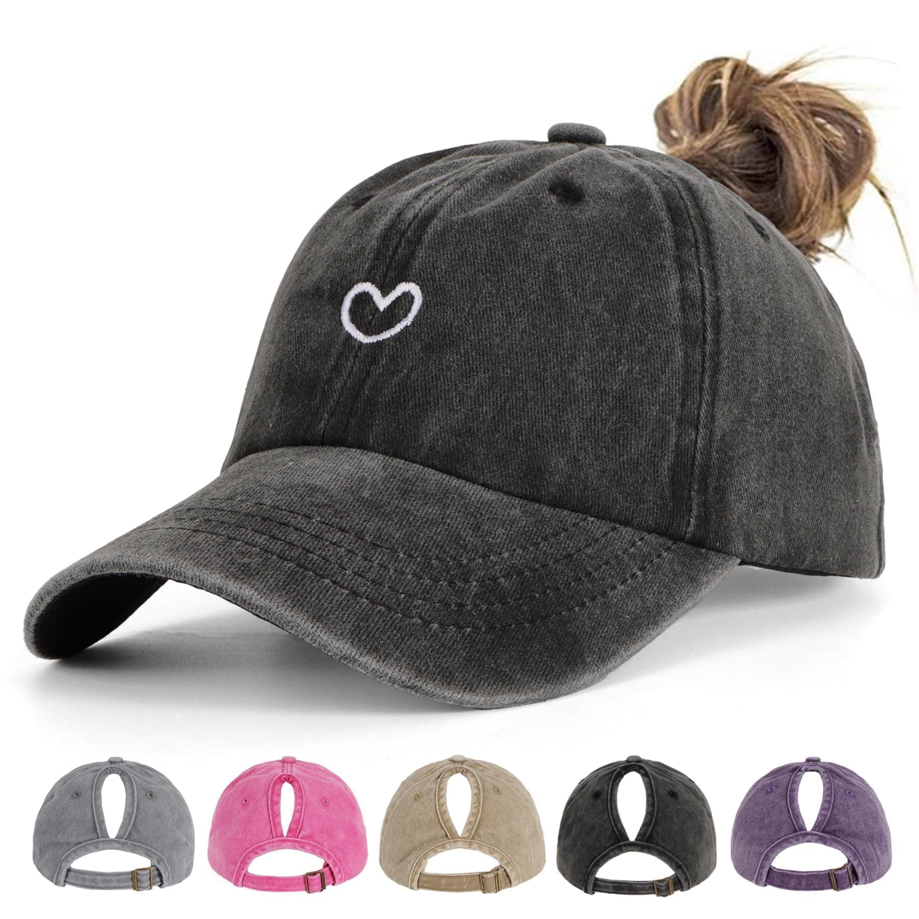 Pferdeschwanz Baseball Cap Damen Verstellbare Baseballkappe Vintage Mützen Sonnenschutz Basecap Mit Zopf Loch für Sommer Sport Small Heart- Schwarz Angebot bei HelloDeals