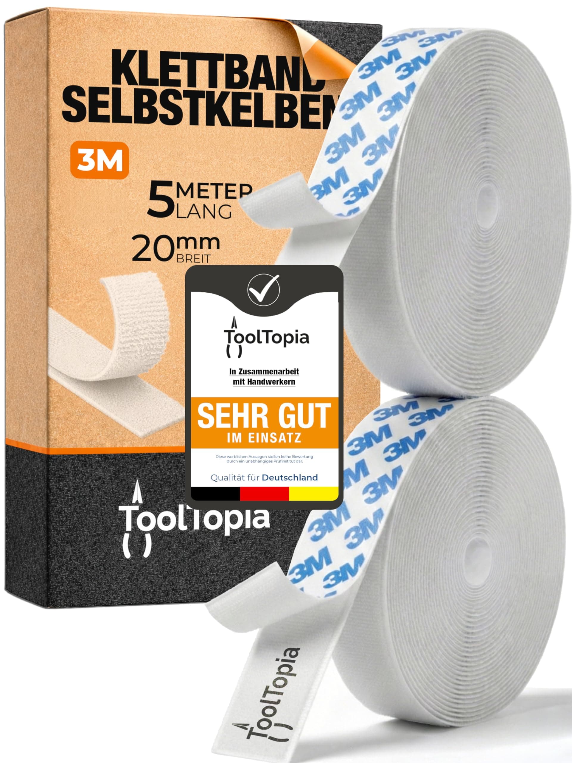 Klettband Selbstklebend Extra Stark Outdoor & Indoor 20mm x 5m weiß (3M Markenkleber), Klett I Klettverschluss Klebeband, Tape für DIY, Basteln, Haushalt, Nähen...ToolTopia Handwerksqualität Weiß 20mm x 5m Angebot bei HelloDeals