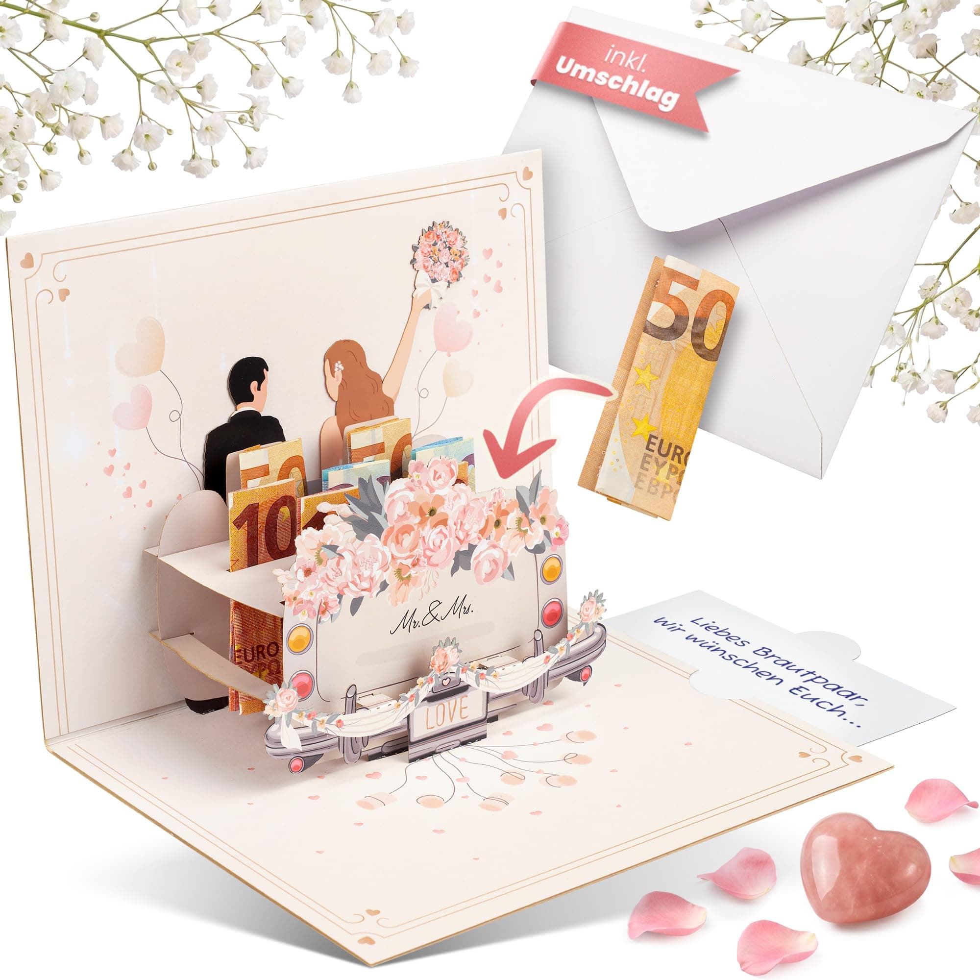 BASICBIRD Hochzeitskarte Geldgeschenk Hochzeit Hochzeitsgeschenke für Brautpaar Hochzeitsauto Pop Up Karte Geldkarte Hochzeitsgeschenk Geld Ideen 3D Geldgeschenke Glückwunschkarte personalisiert Angebot bei HelloDeals