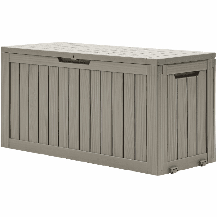 DWVO 270L Aufbewahrungsbox aus Resin mit Rollen, Wasserdichte Gartenbox für Terrassenkissen, Sportgeräte & Gartengeräte, Abschließbar, Hellbraun Hellbraun-0241 270L Angebot bei HelloDeals