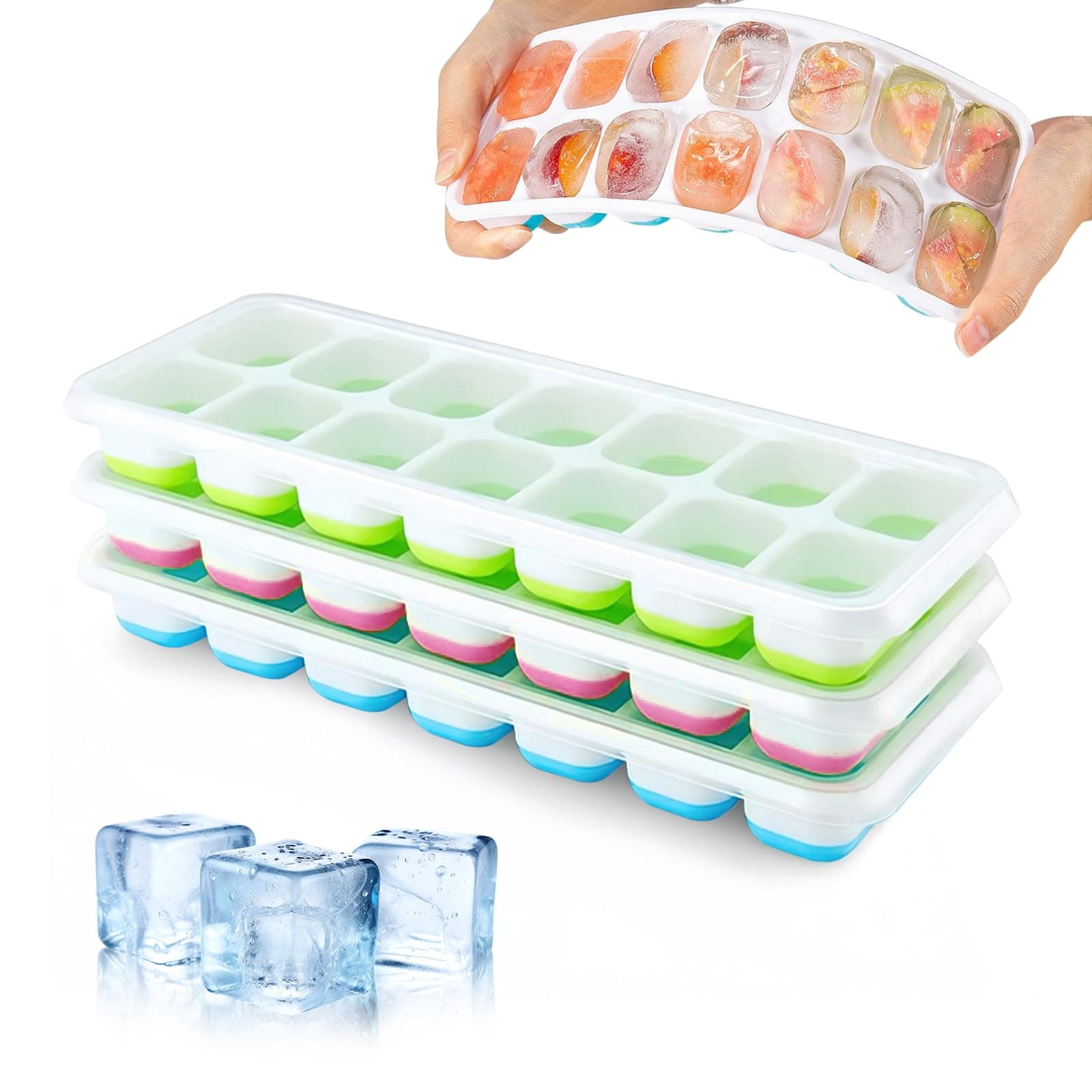 Silikon-Eiswürfelbehälter Mit Deckel,Platzsparend und Stapelbar Ice Tray Ice Cube,3 Stück Eiswürfelbehälter Mit Deckel,Silikon Eiswürfel,Ice Cube Tray,eiswürfelform (Green, Blue, Pink) Angebot bei HelloDeals