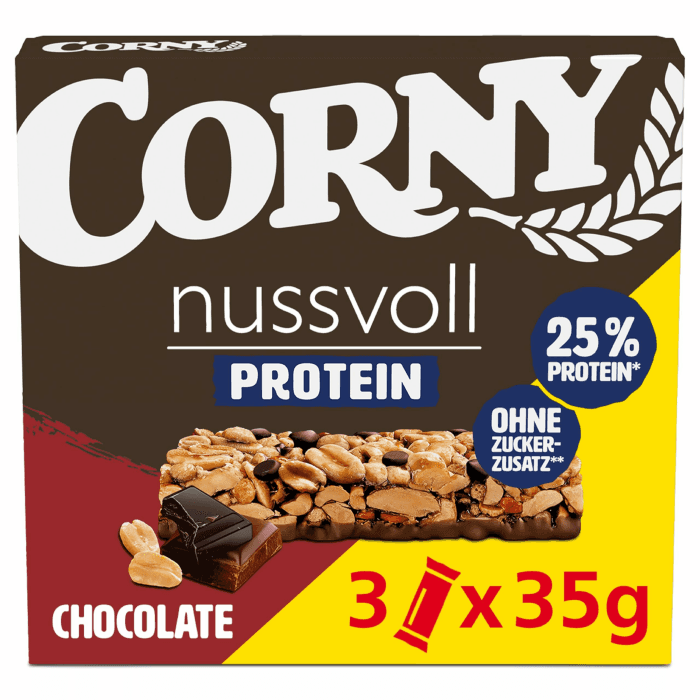 Corny Nussvoll Protein Chocolate | Nussriegel & Proteinriegel ohne Zuckerzusatz | Mit 38% Nüssen & 25% Eiweiß | 3 x 35 g 136mm x 255mm x 131mm Schoko Angebot bei HelloDeals