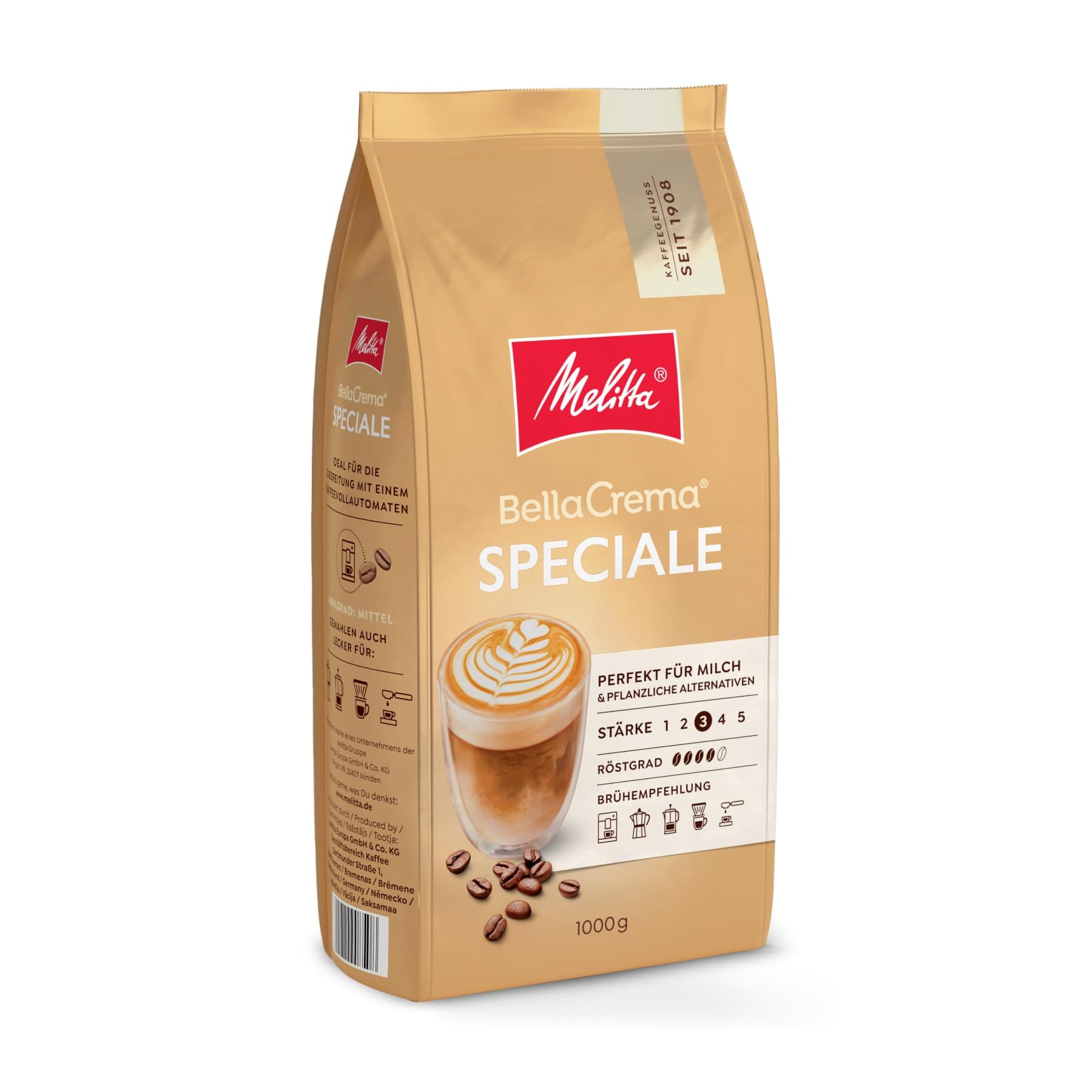 Melitta BellaCrema Speciale Ganze Kaffee-Bohnen 1kg, ungemahlen, Kaffeebohnen für Kaffee-Vollautomat, mittlere Röstung, geröstet in Deutschland, Stärke 3 Speciale 1 kg (1er Pack) Angebot bei HelloDeals
