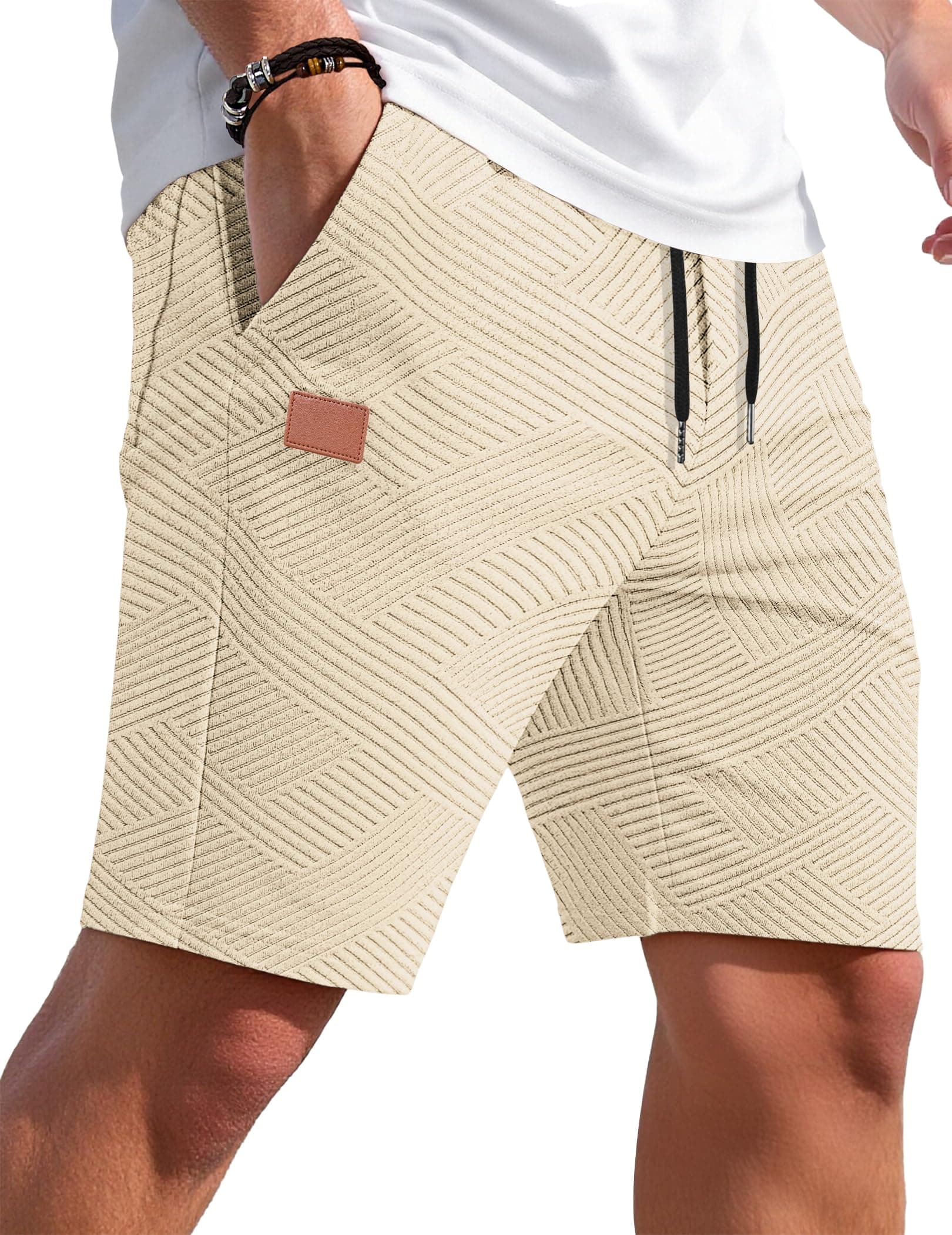 TARAINYA Textur Kurze Hosen Herren Baumwolle Shorts Hose Sommer Casual Elastische Taille Kordelzug Stretch Freizeitshorts Mit Taschen A Beige XXL Angebot bei HelloDeals