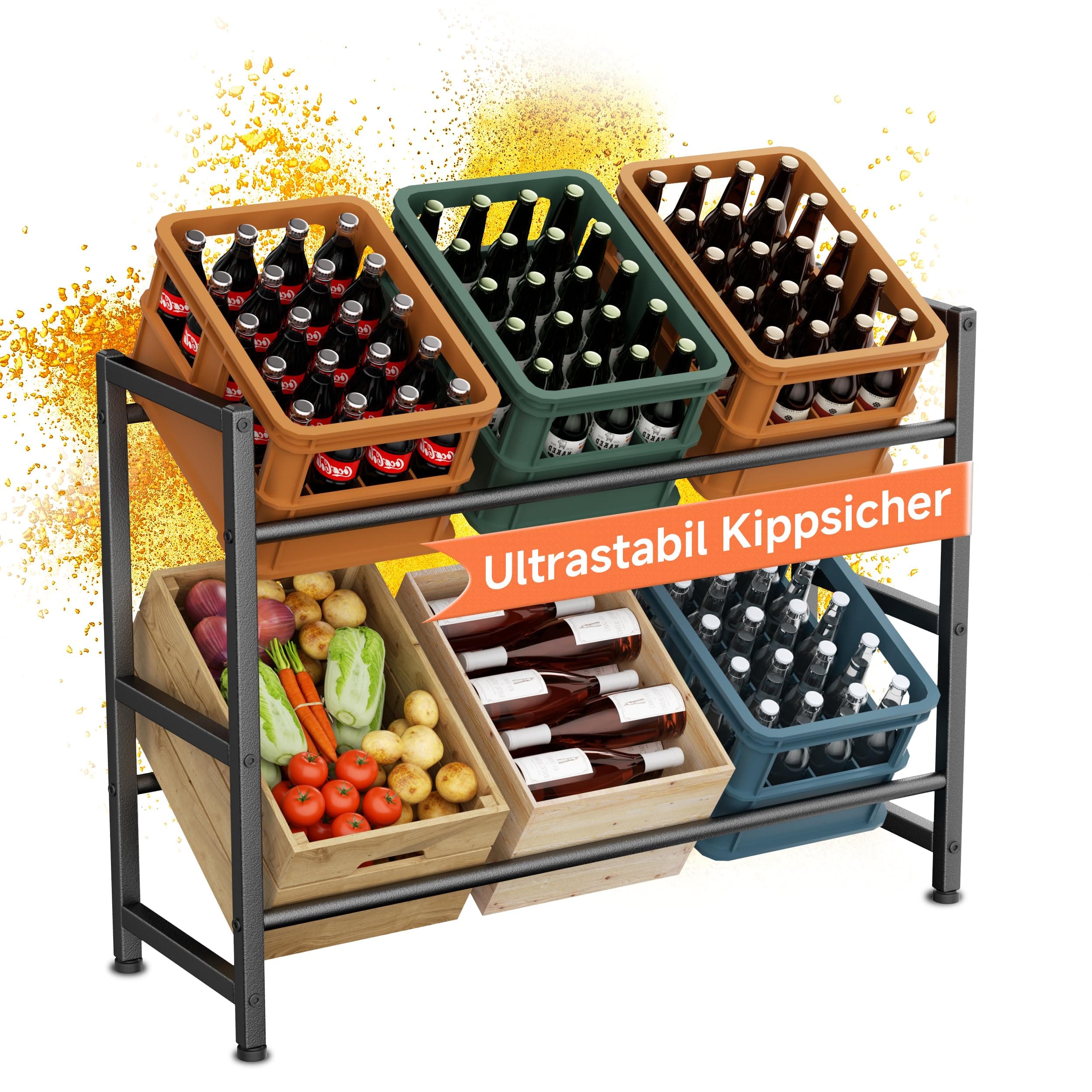 Getränkekistenregal 6 Kisten, 2 Ebenes Stabiles Getränkekisten Ständer mit Verstellbaren Füßen, 104*32*104 cm Metall Bierkastenregal Flaschen Getränkeregal trag. 300KG für Küche, Bar, Speisekammer 6 Kisten Breite 104 cm Angebot bei HelloDeals
