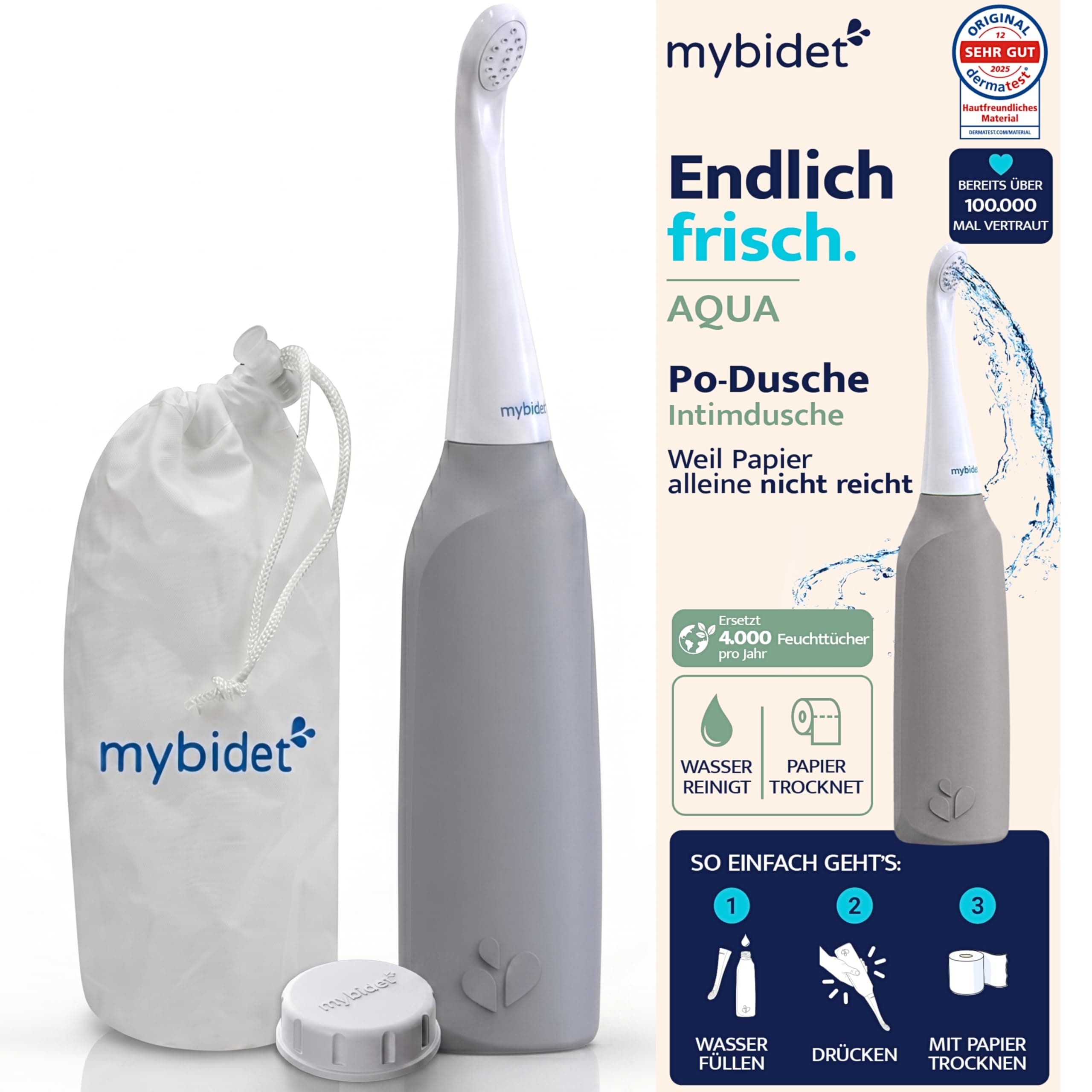 Po Dusche Intimdusche – spart 4000 Feuchttücher | 0% Chemie 100% Wasser, Für zu Hause & mobiles bidet und reise bidet für unterwegs, mobile Dusche AQUA Home GRAU Angebot bei HelloDeals